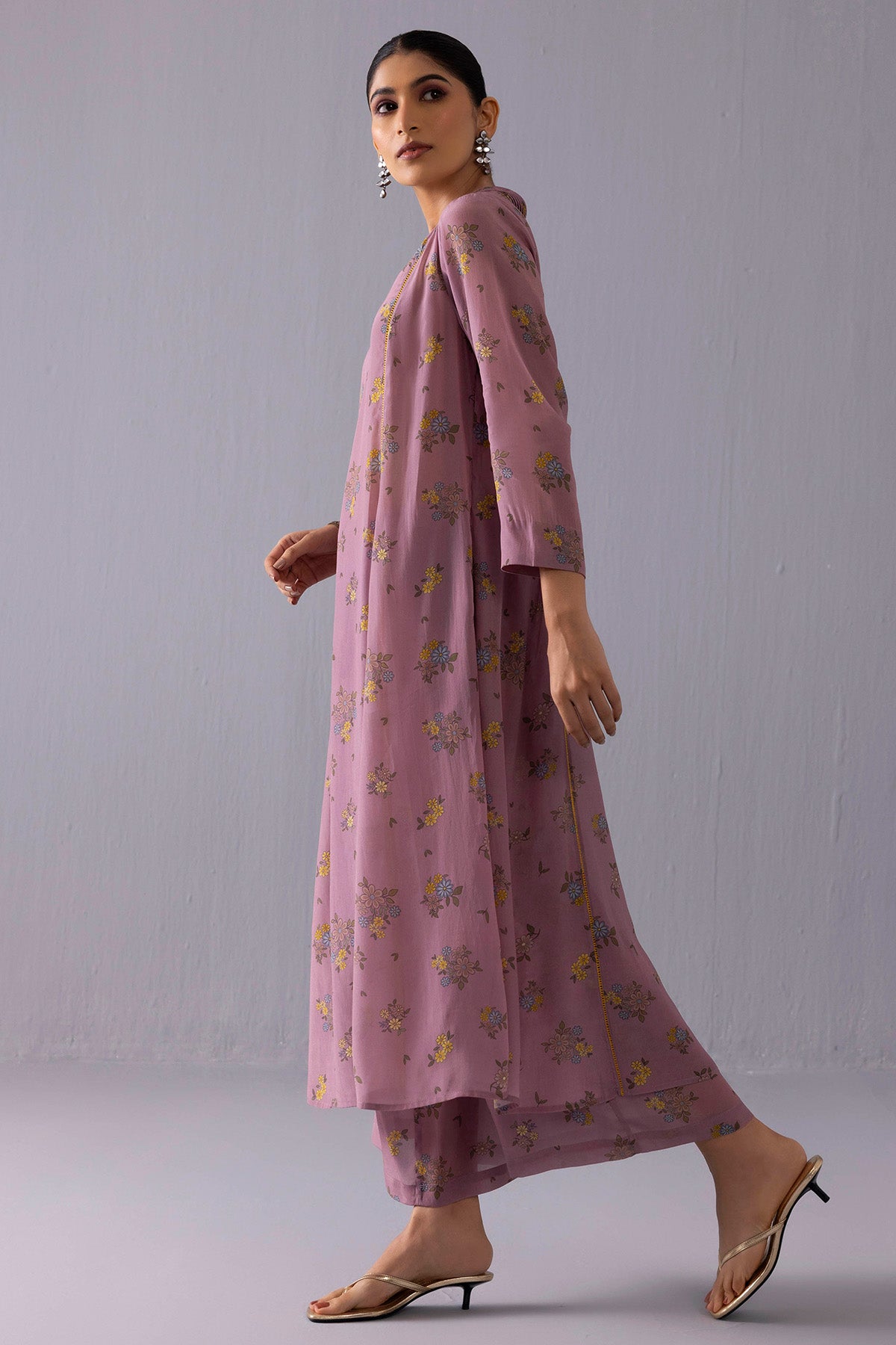 Purple Crepe Floral Kurta Set