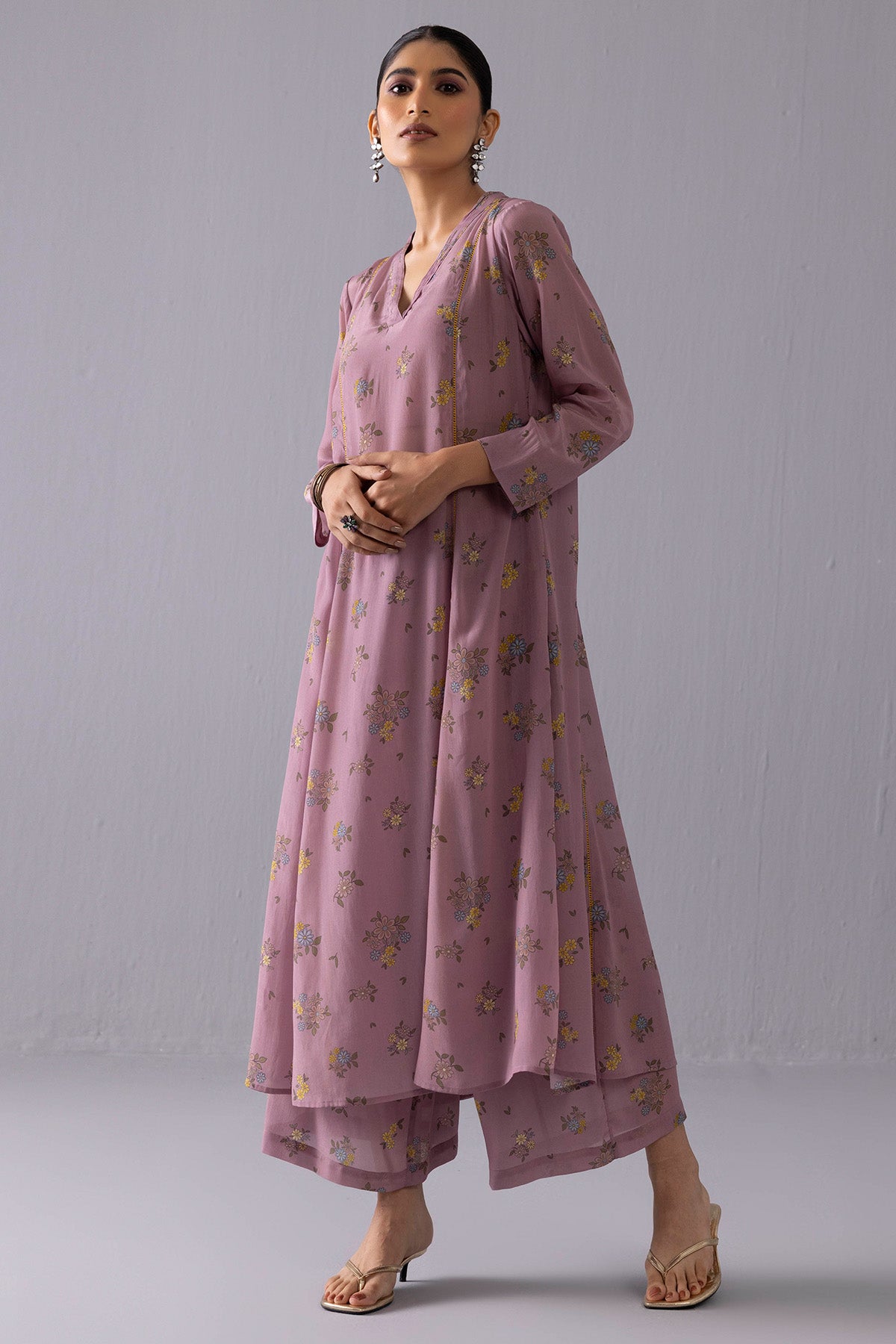 Purple Crepe Floral Kurta Set