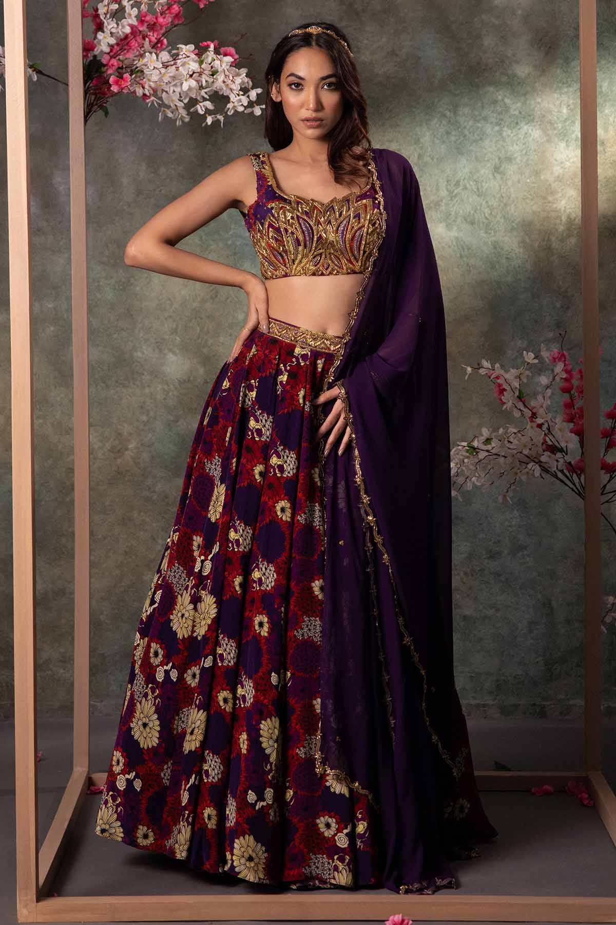 Buy Purple Crepe Print Lehenga Set by Mehak Murpana for women online at ScrollnShops