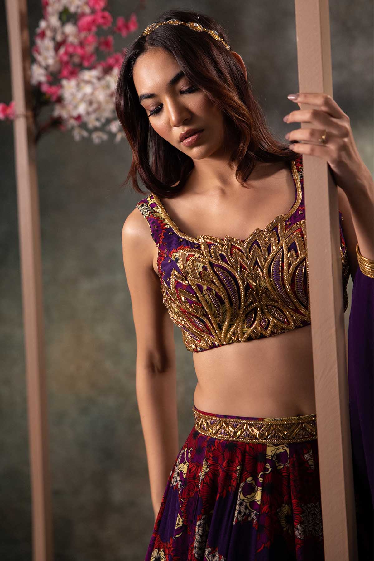 Purple Crepe Print Lehenga Set