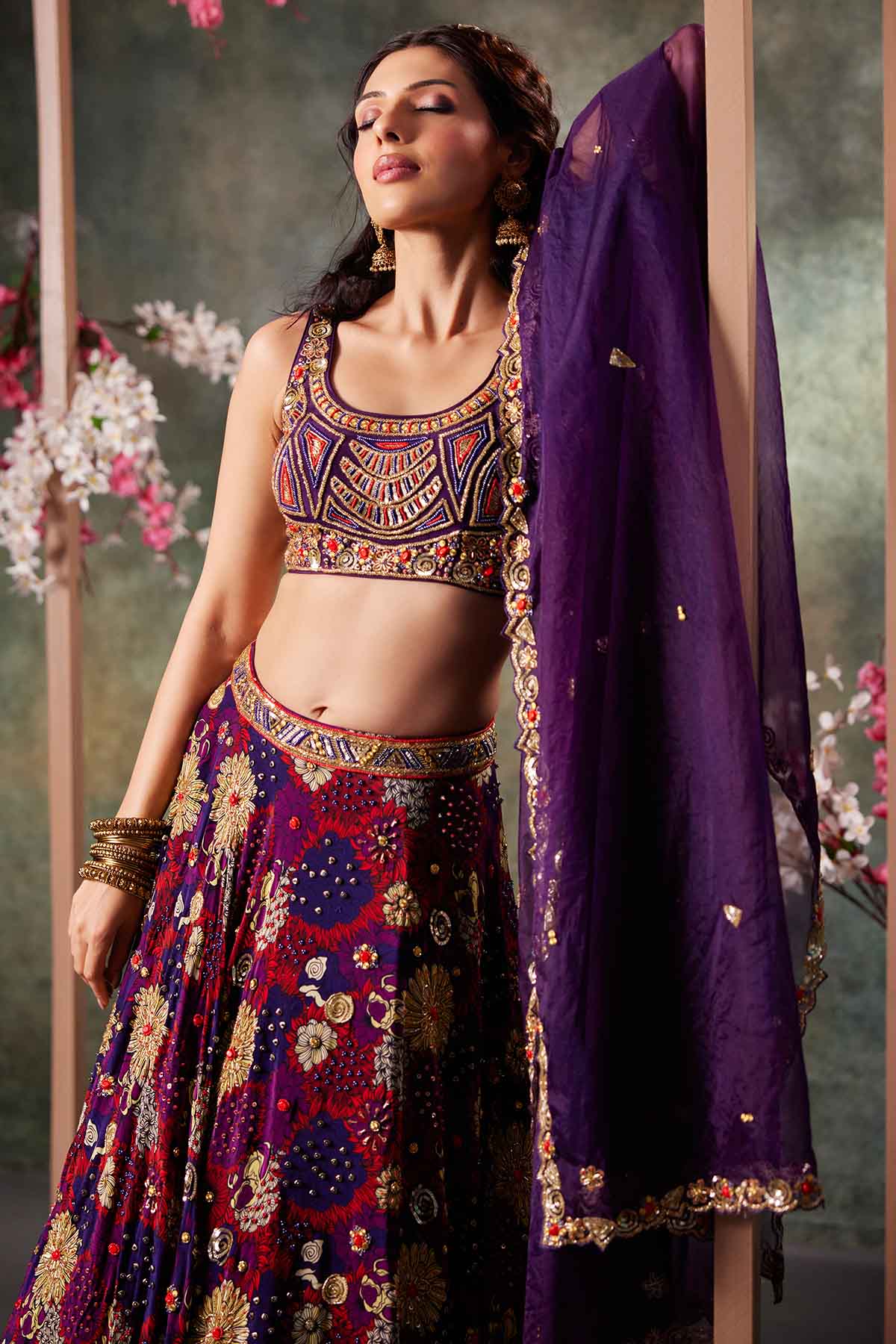 Purple Crepe Printed Lehenga Set