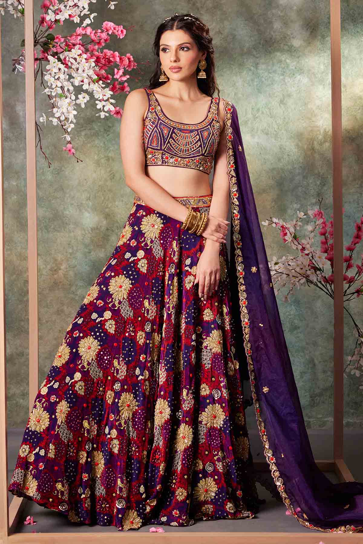 Buy Purple Crepe Printed Lehenga Set by Mehak Murpana for women online at ScrollnShops