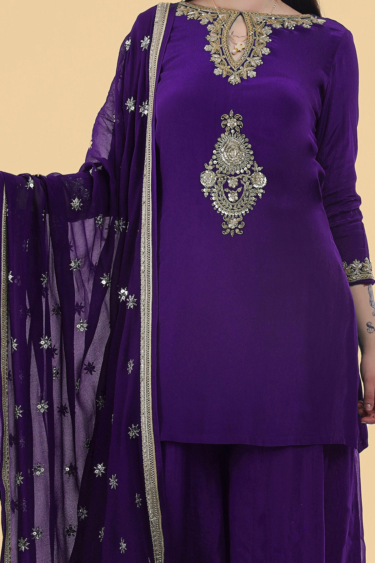 Purple Crepe Sequins Kurta Set