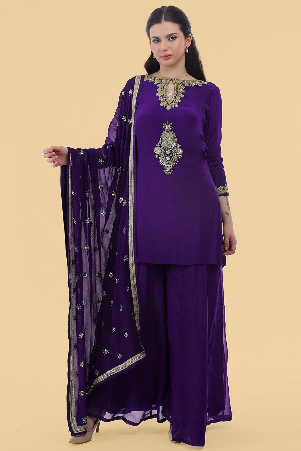 Buy Purple Crepe Sequins Kurta Set for women by Milu Madan online available at scrollnshops