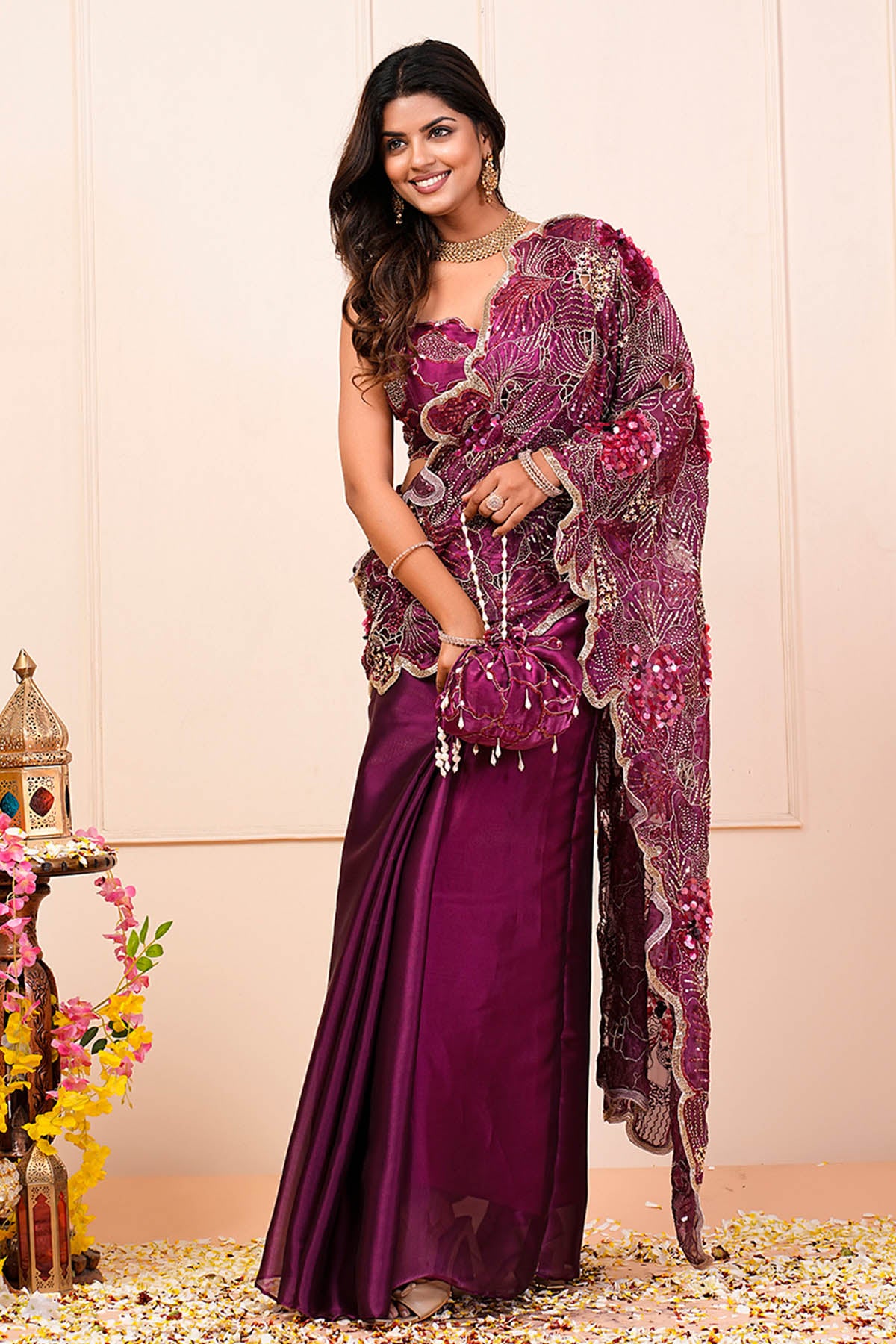 Purple Cutwork Pre-Draped Saree
