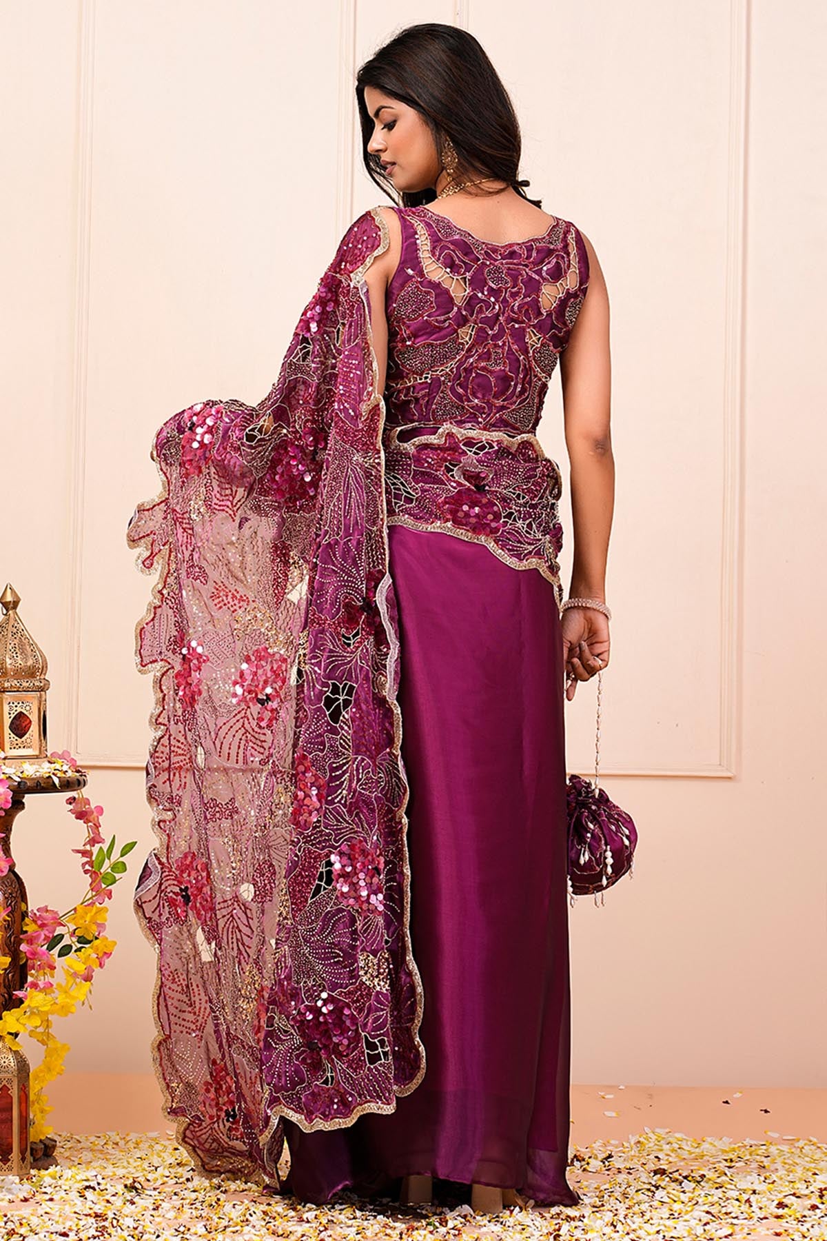 Purple Cutwork Pre-Draped Saree