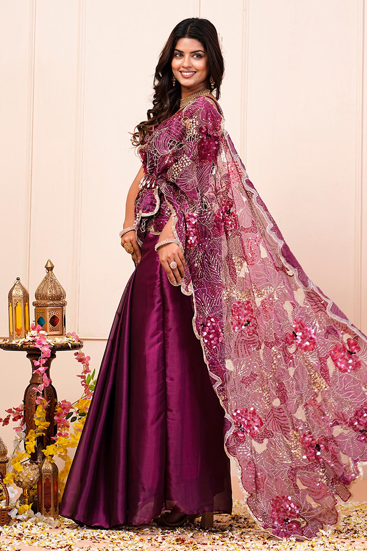 Purple Cutwork Pre-Draped Saree
