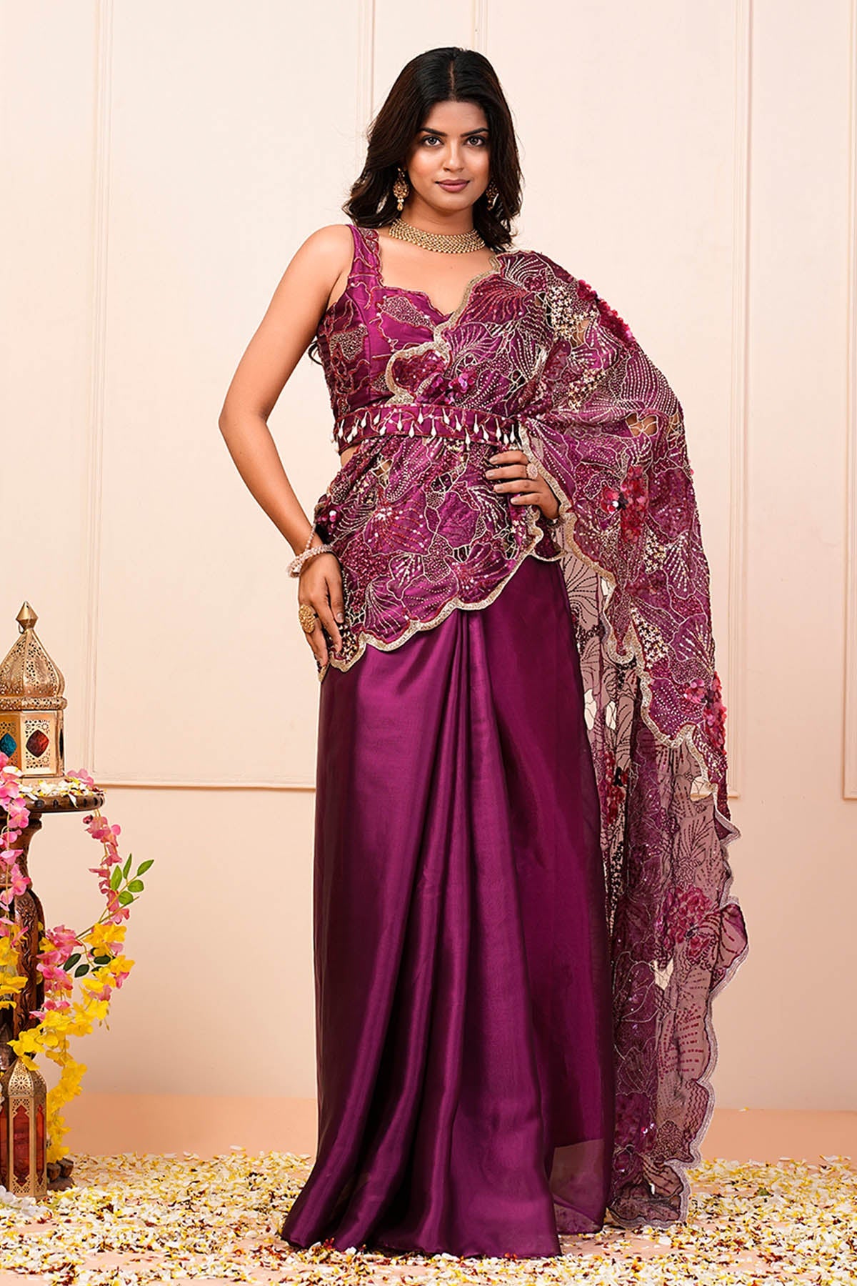 Buy Purple Cutwork Pre-Draped Saree by Namita Sharma for women online at ScrollnShops