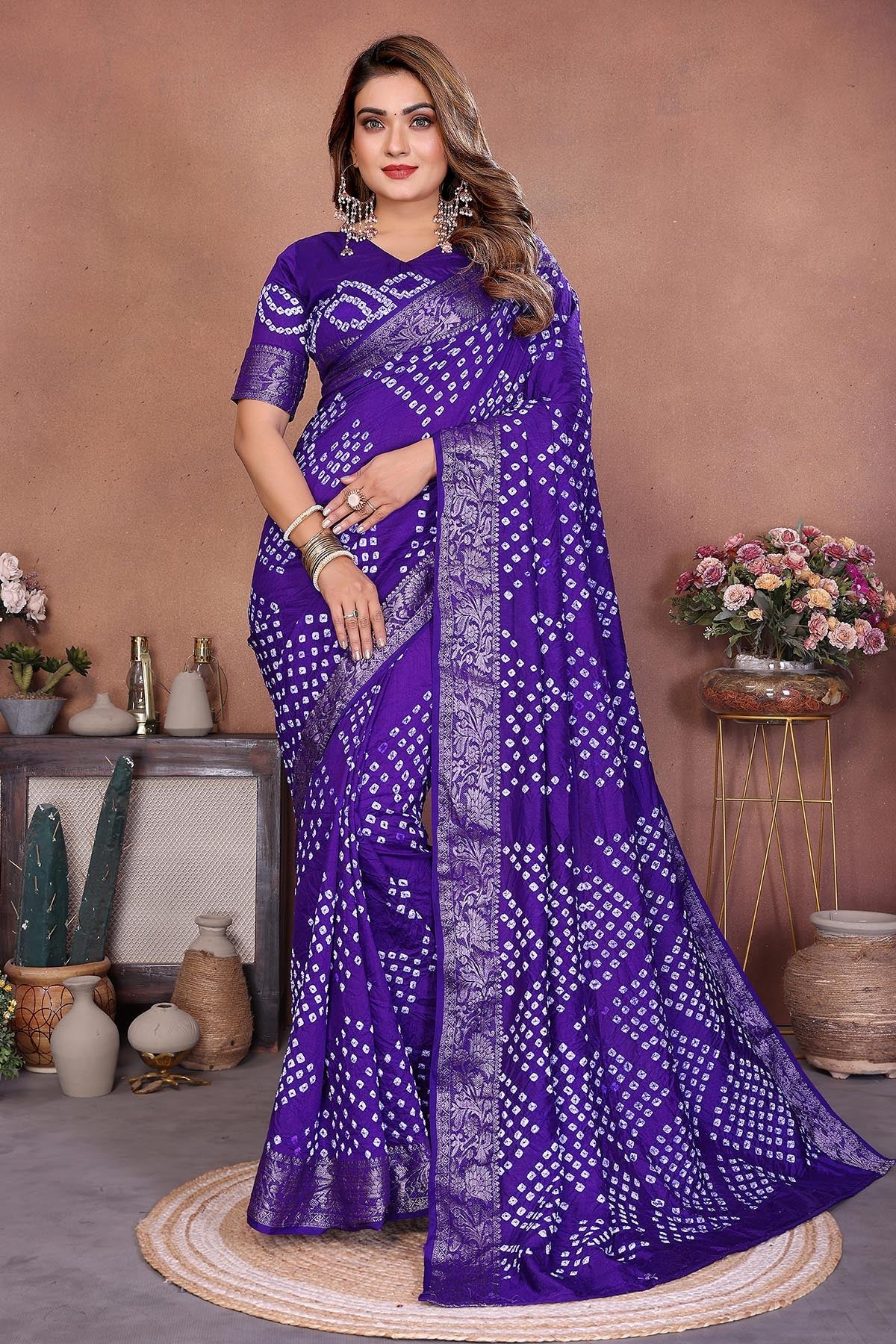 Buy Purple Dola Silk Bandhej Saree for women by Aastha Fashion online available at scrollnshops