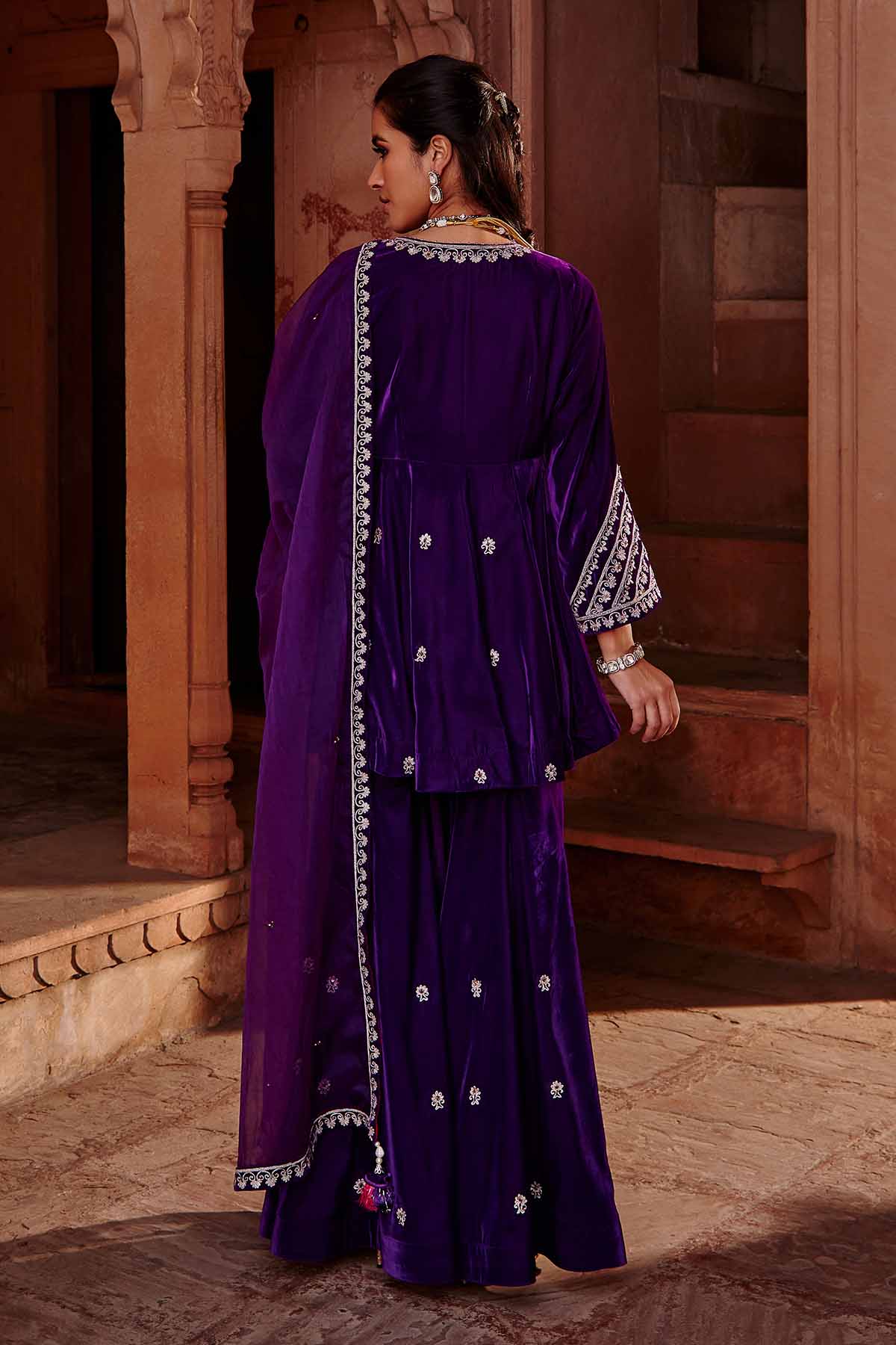 Purple Dori Work Flare Kurta Set