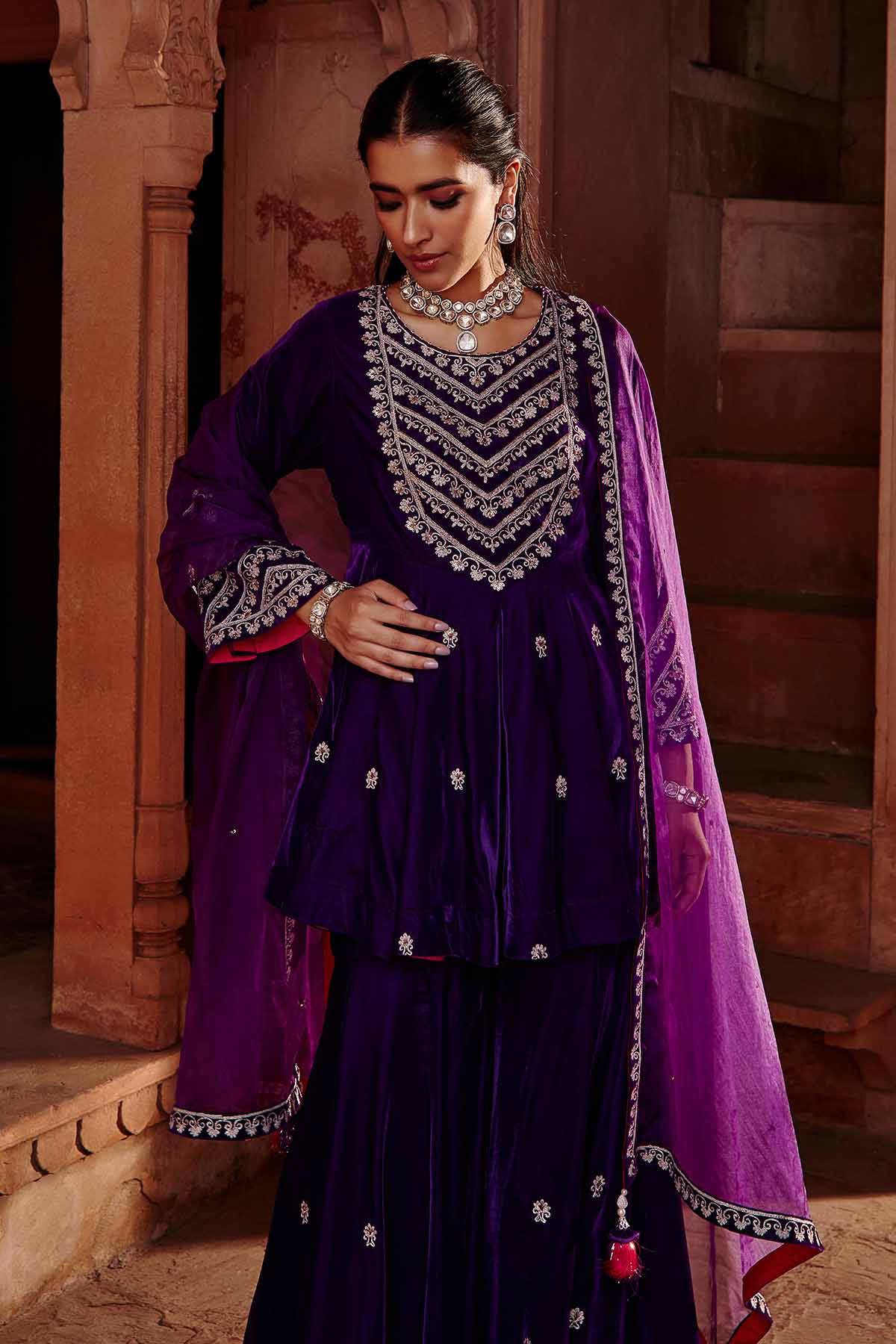 Purple Dori Work Flare Kurta Set