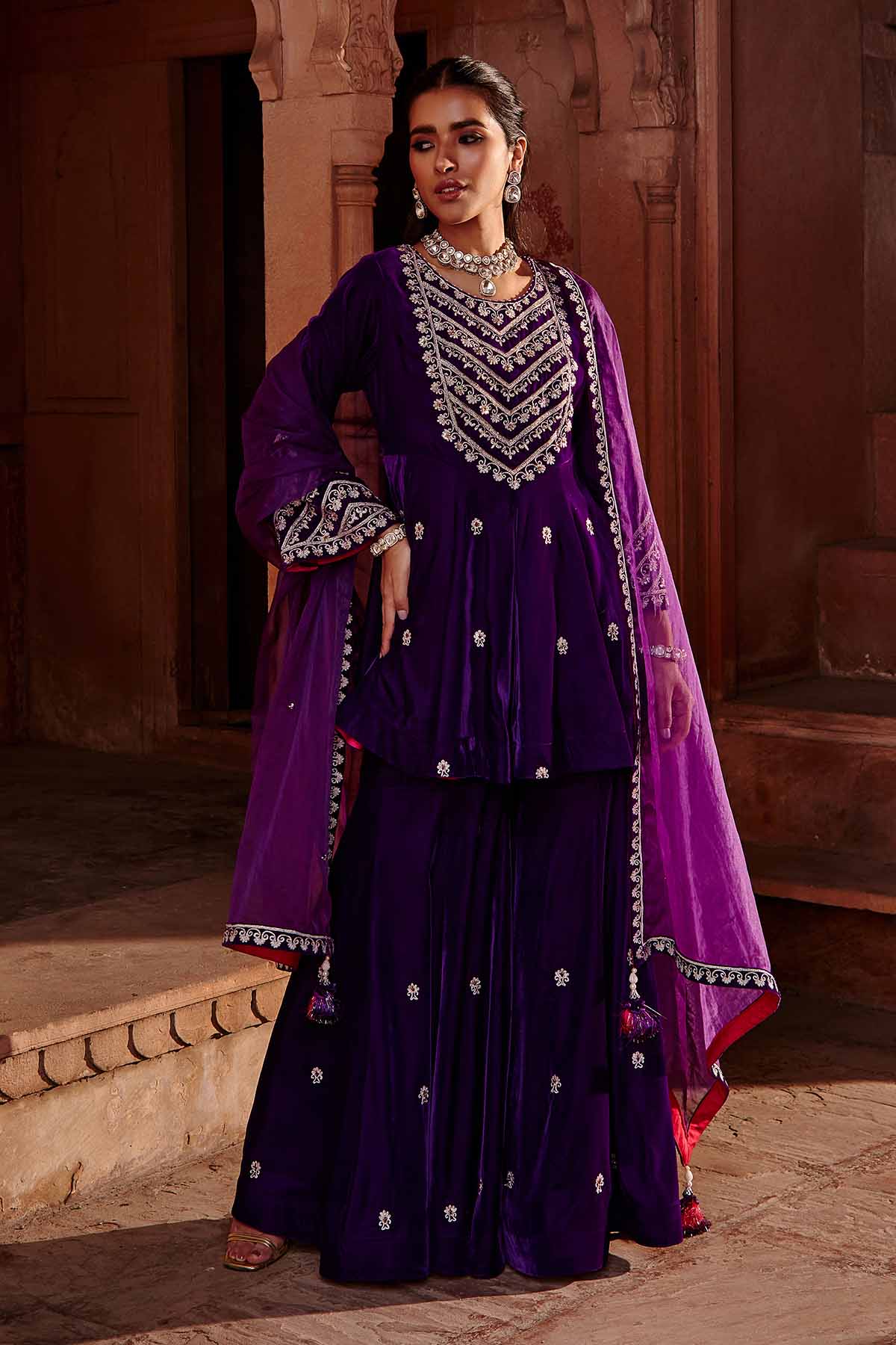 Purple Dori Work Flare Kurta Set