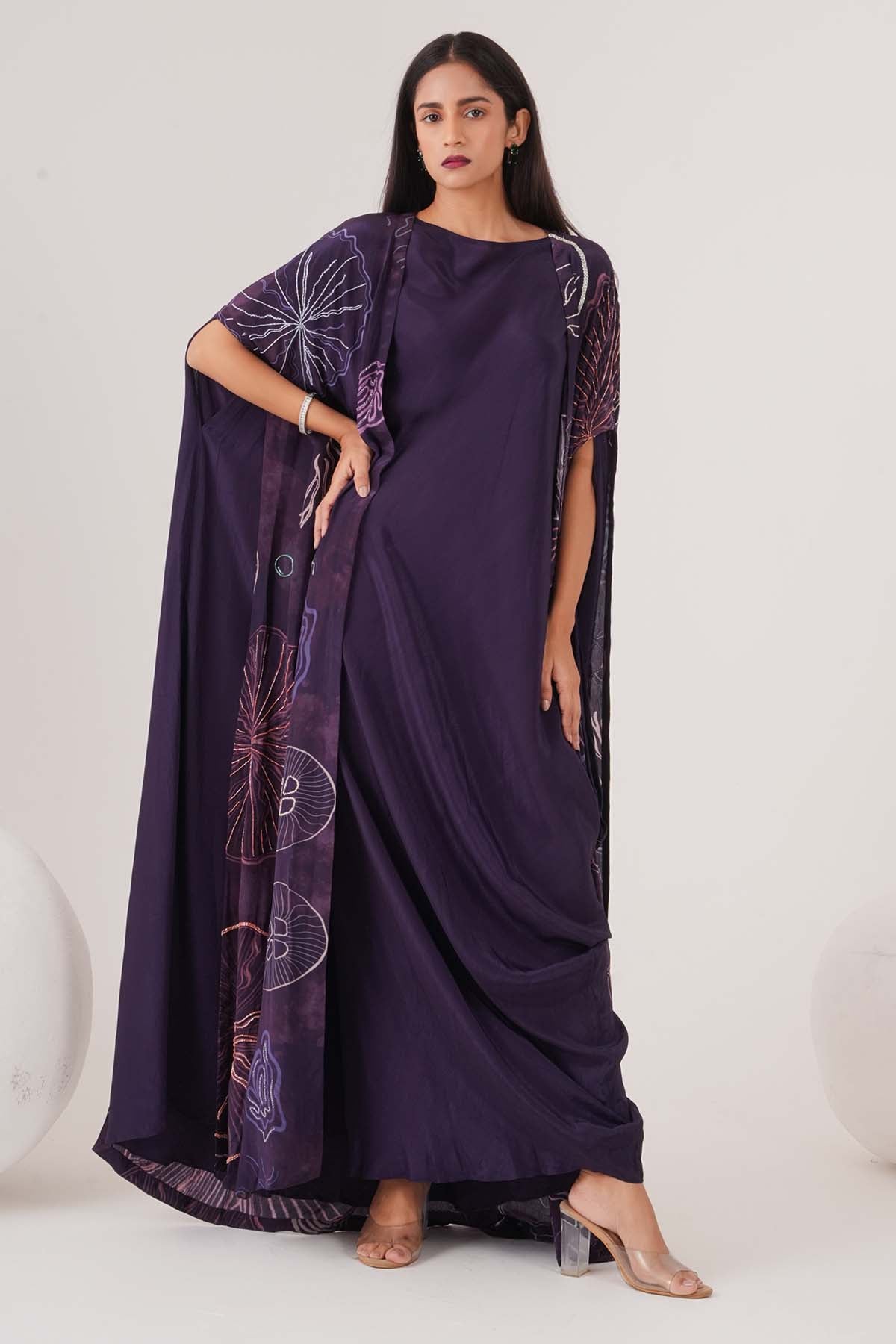 Buy Purple Drape Maxi Dress & Cape by Shristi Chetani for women online at ScrollnShops