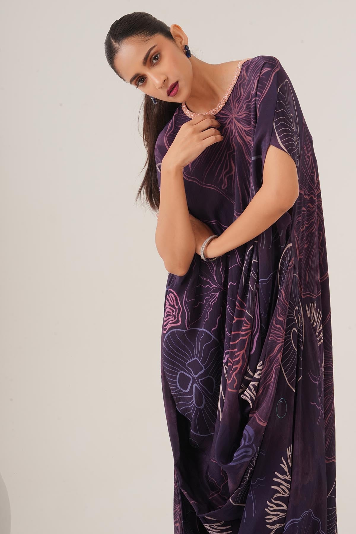 Purple Embellished Neck Dress