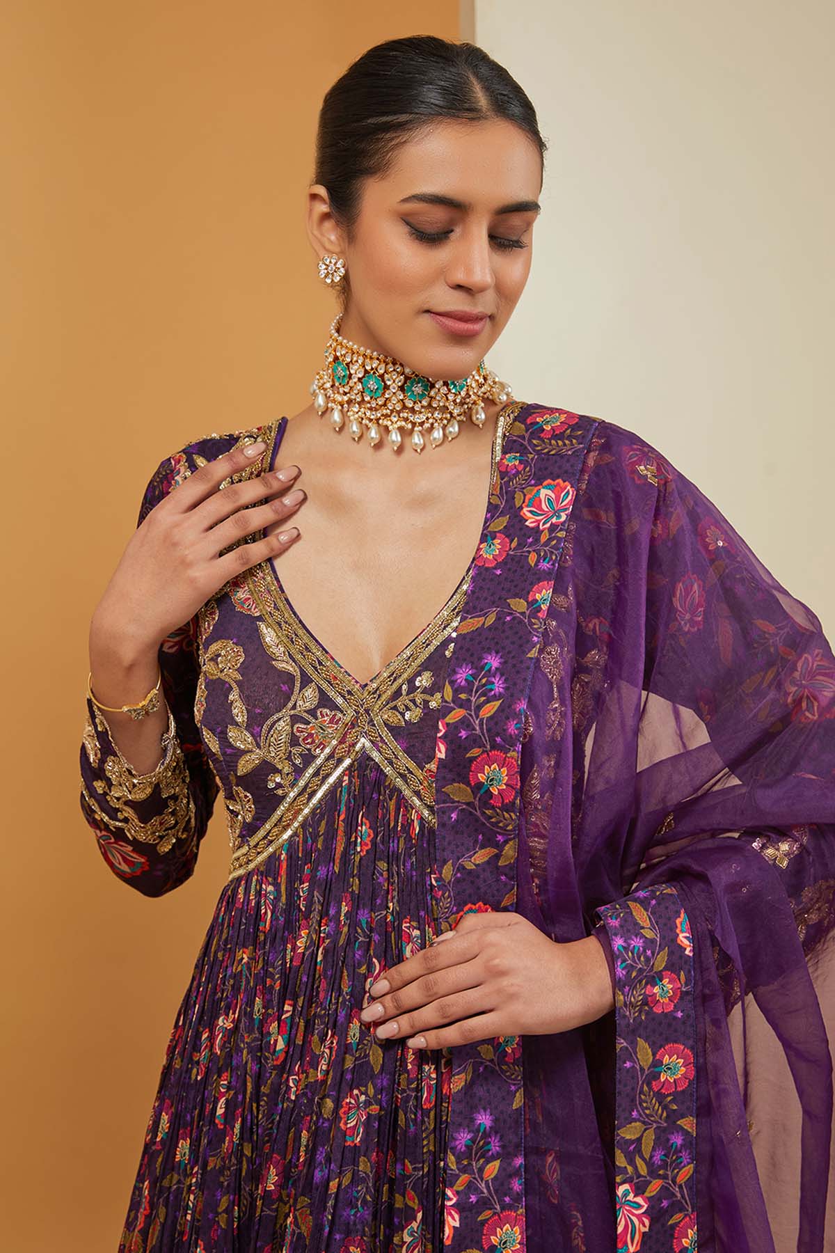Purple Embroidered Anarkali Set