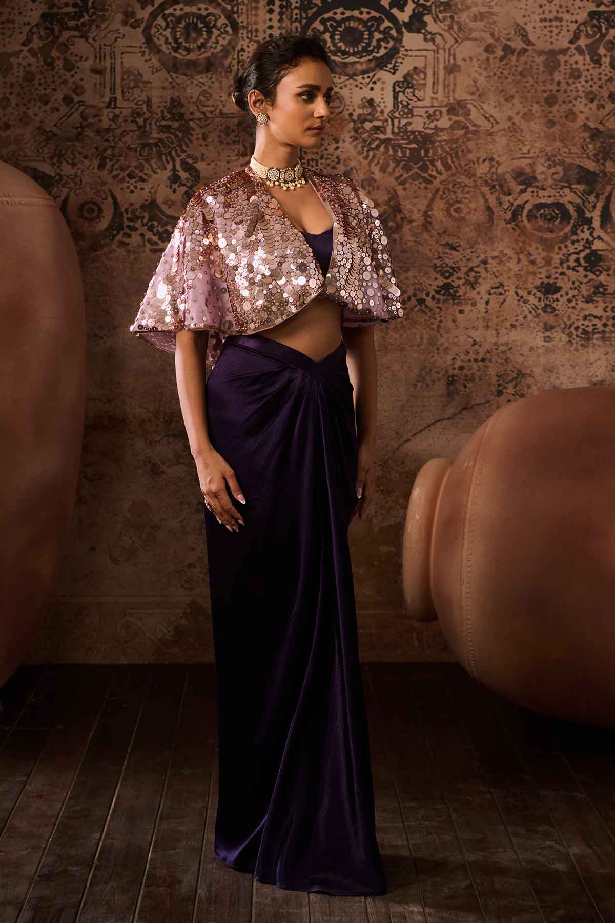 Purple Embroidered Cape Set