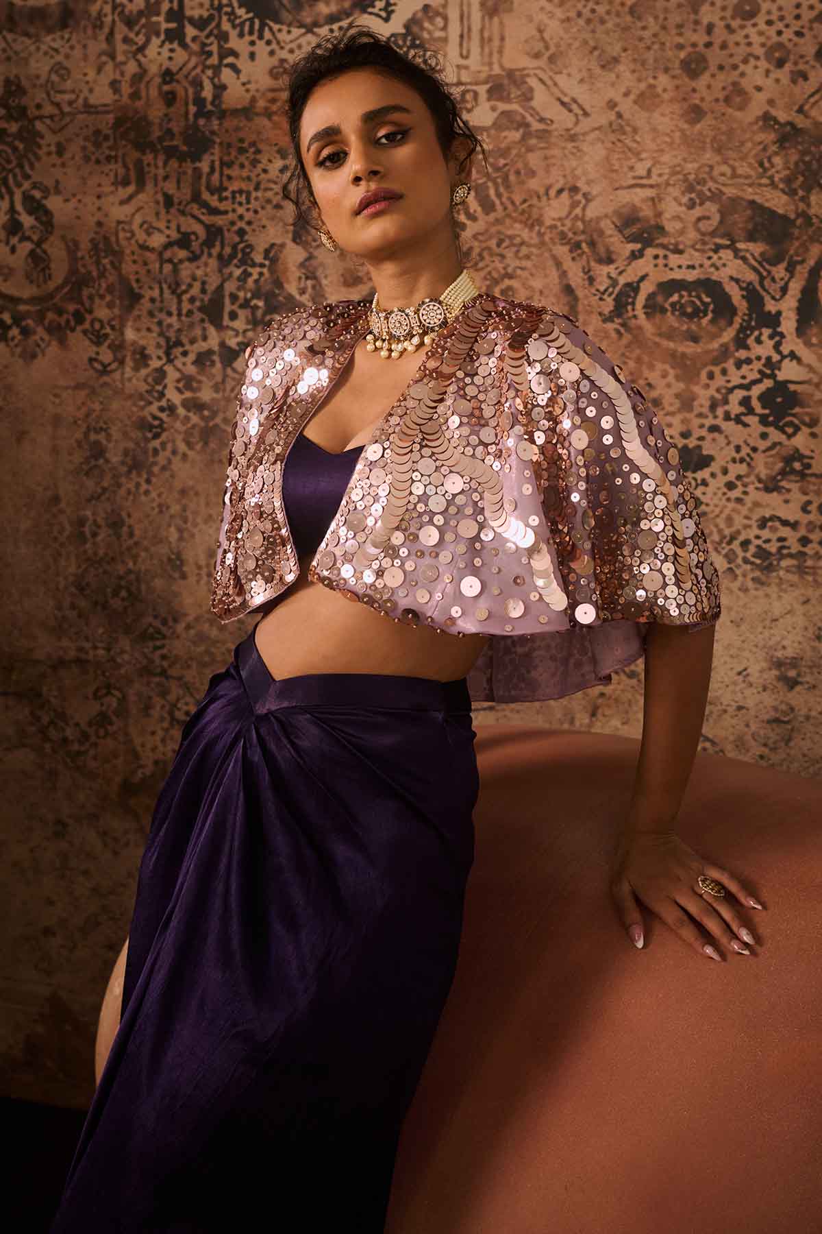 Purple Embroidered Cape Set