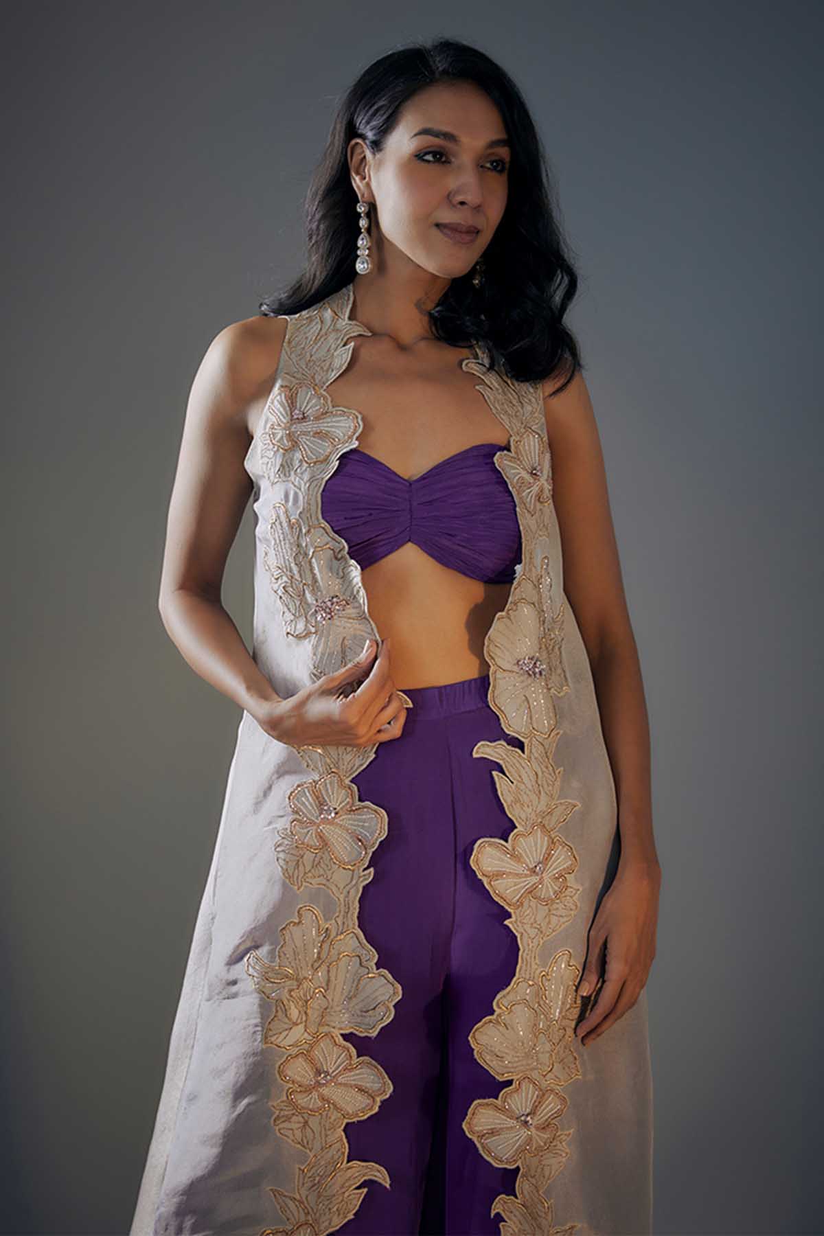 Purple Embroidered Jacket Set