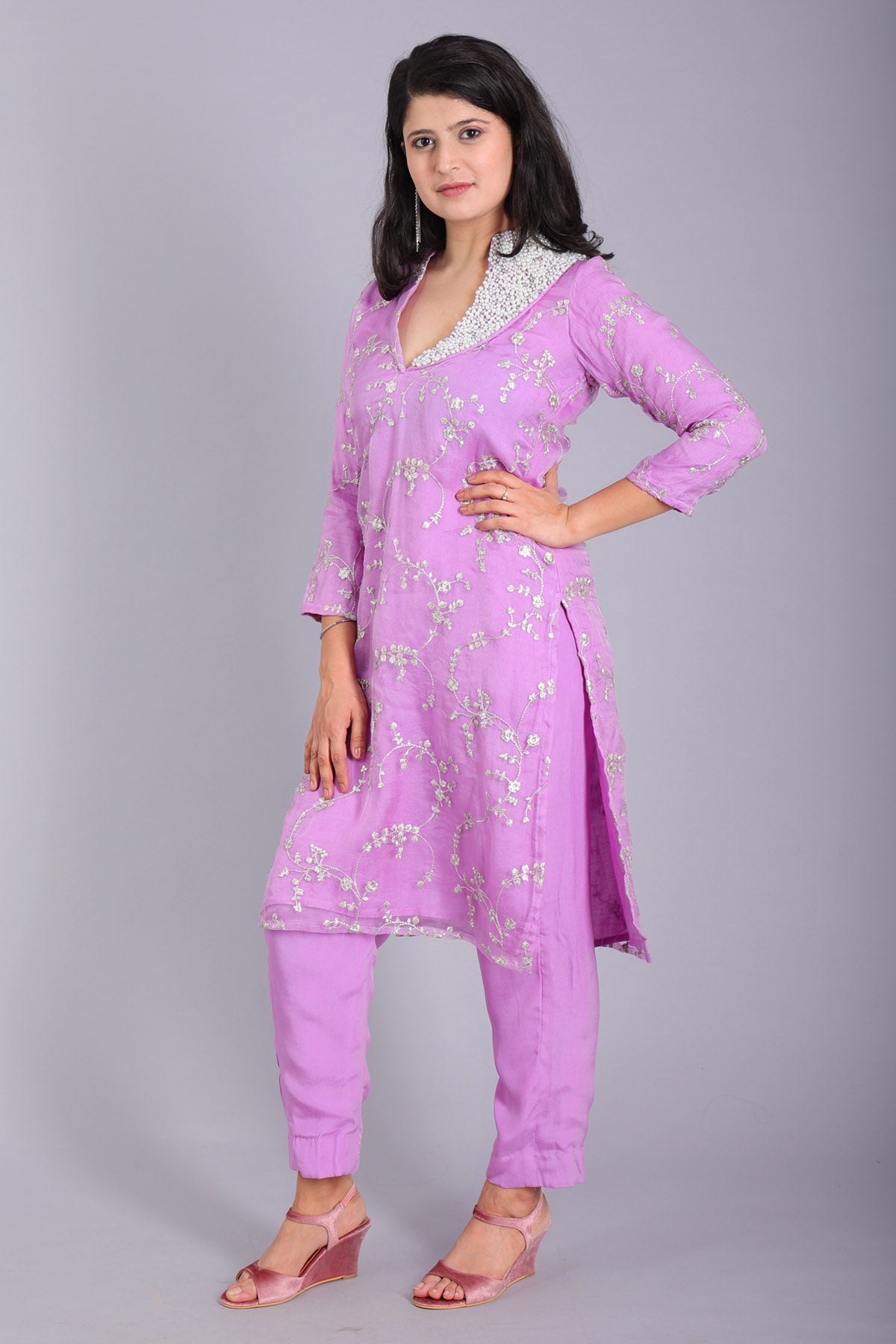 Lavender Zari Work Kurta & Pants