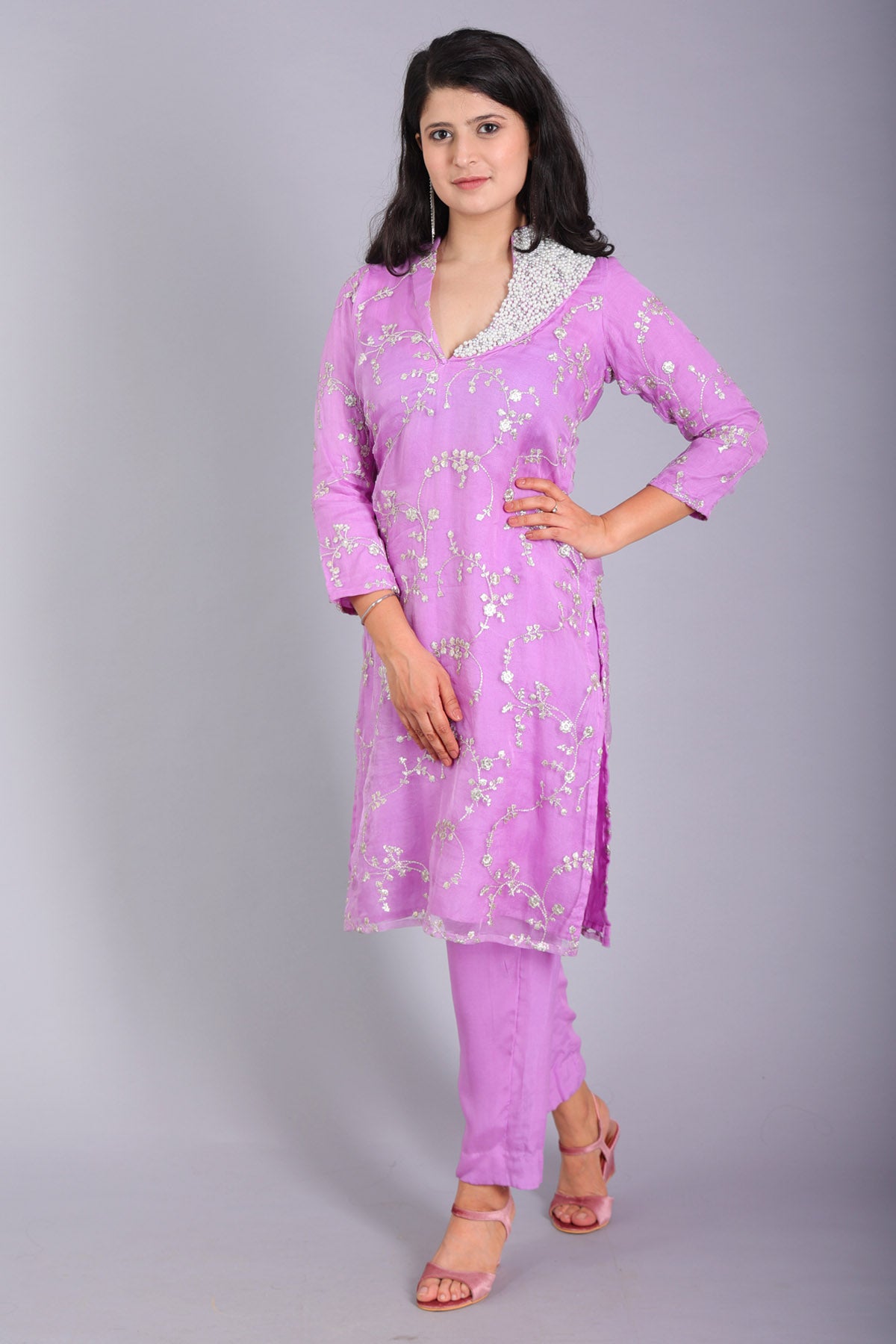 Lavender Zari Work Kurta & Pants