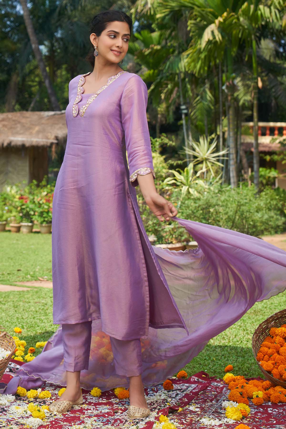 Purple Sequins Scallop Kurta Set