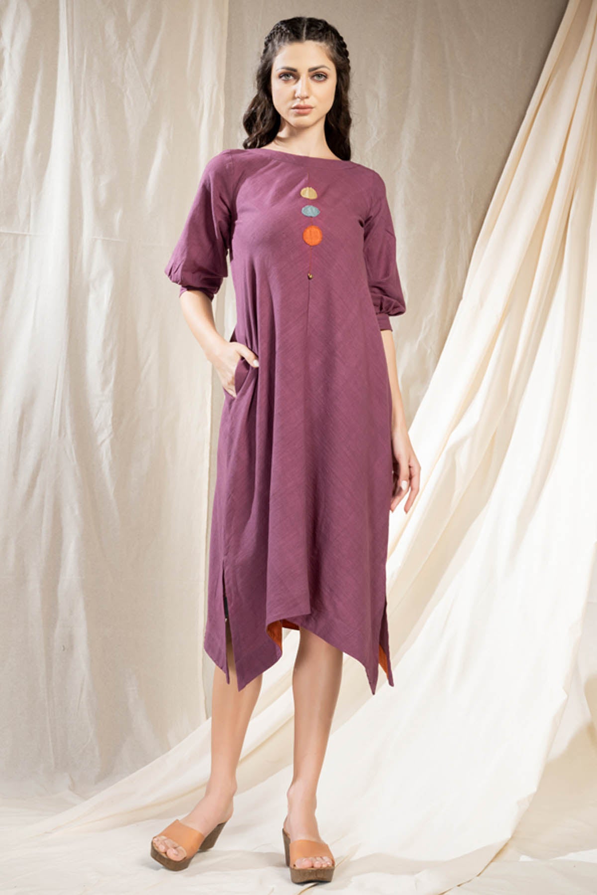 Thread Game Purple Embroidered Midi Dress for women online at ScrollnShops