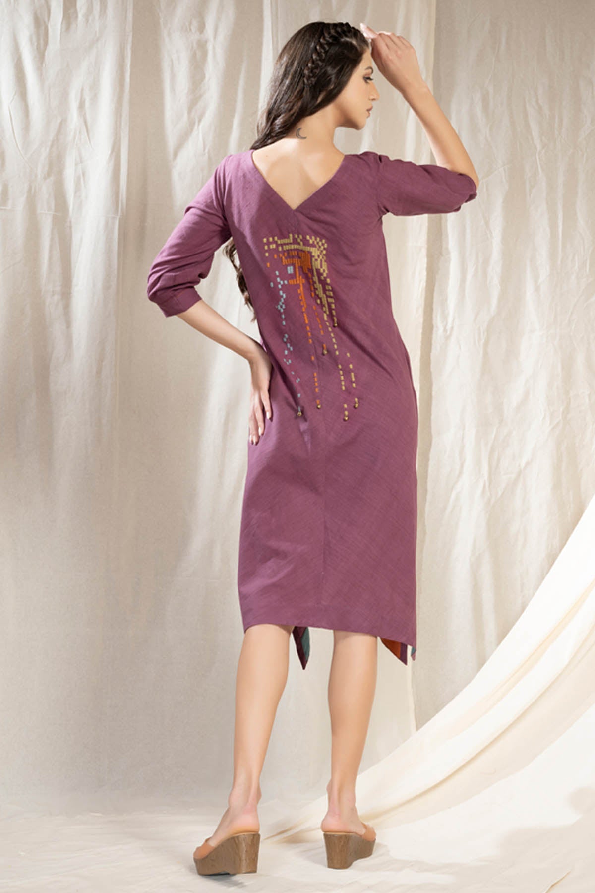 Purple Embroidered Midi Dress