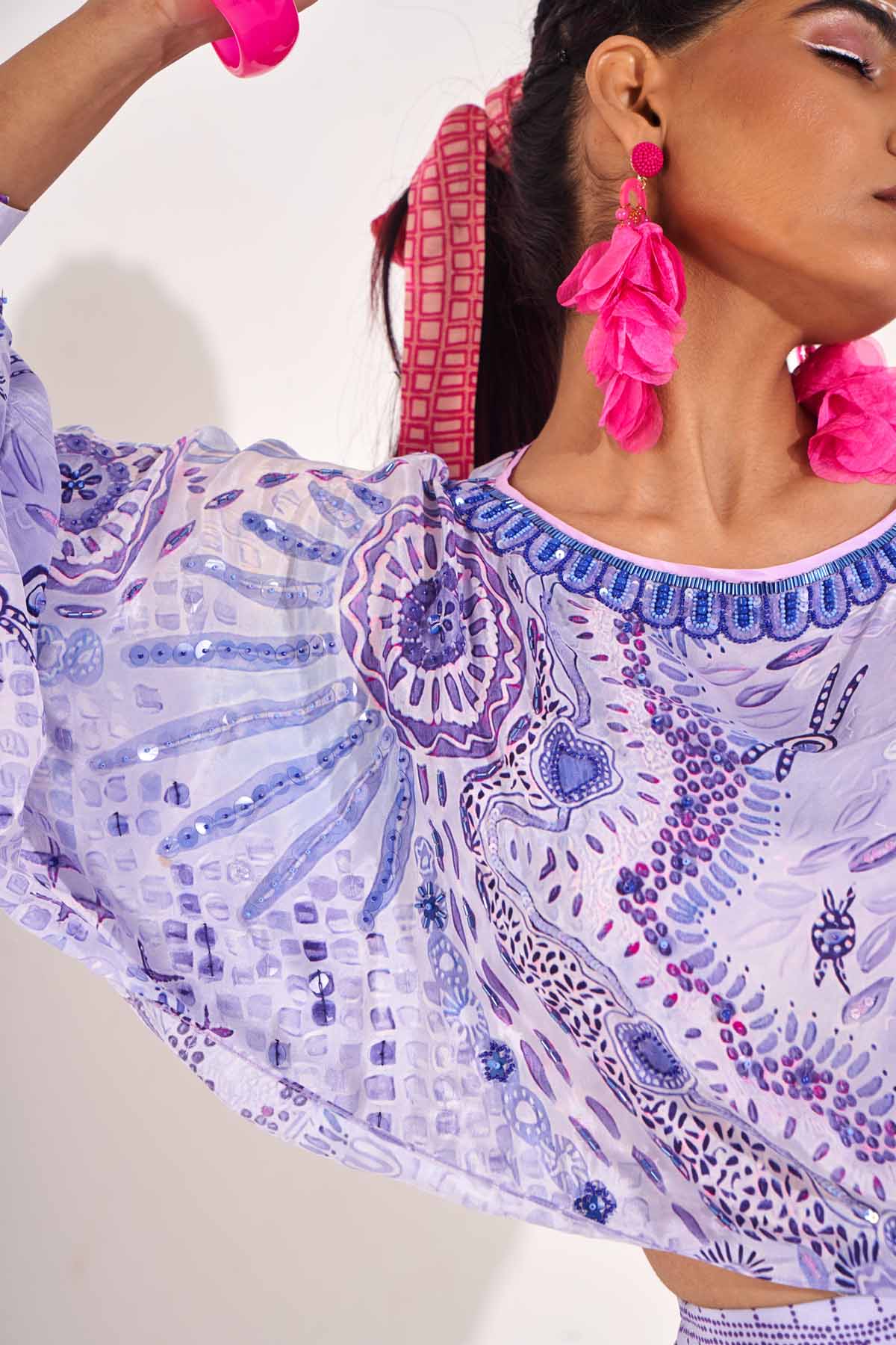 Purple Embroidered Neck Crop Top