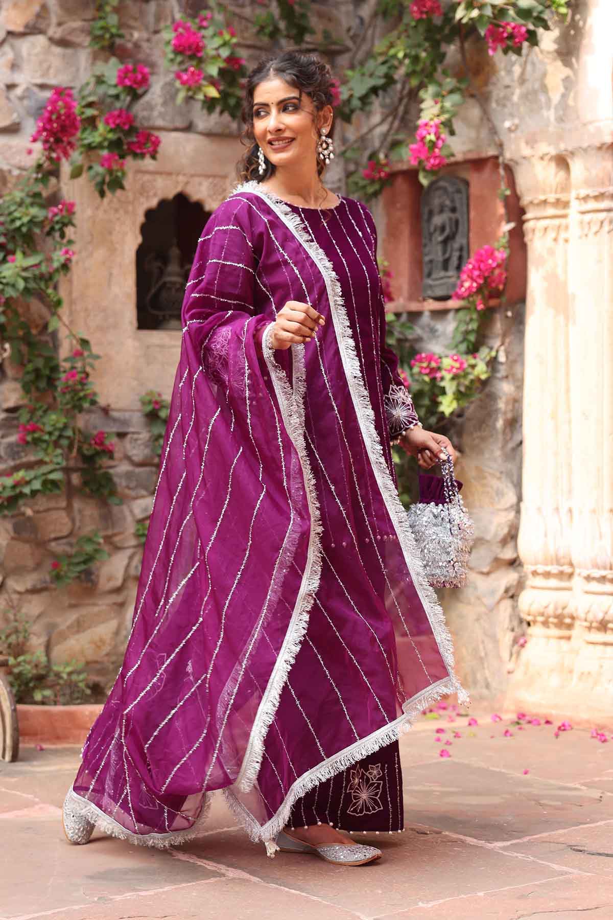 Purple Embroidered Palazzo Set