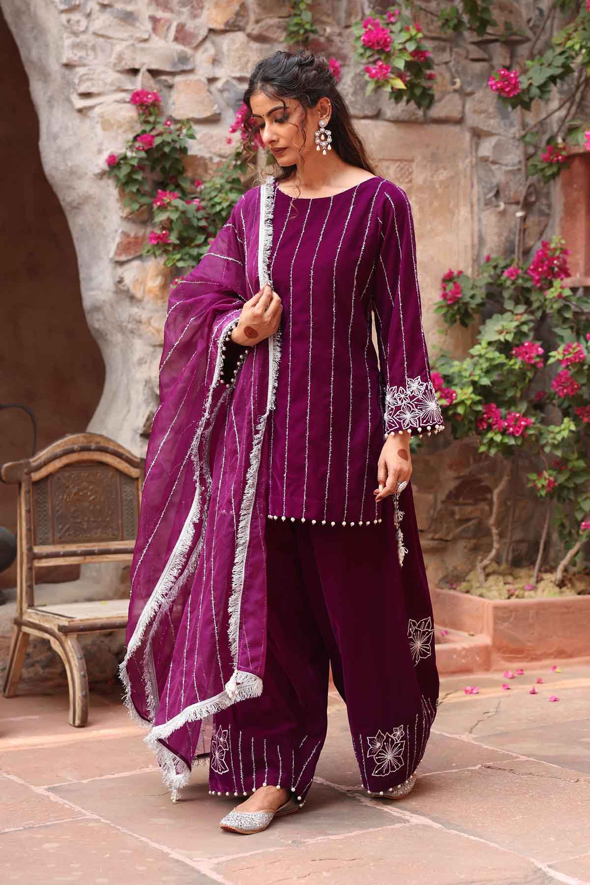 Purple Embroidered Palazzo Set