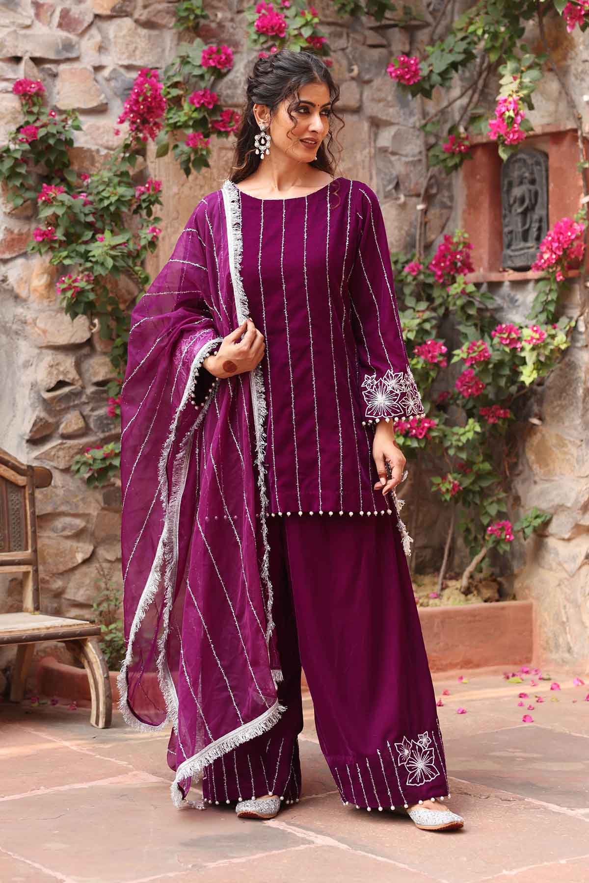 Buy Purple Embroidered Palazzo Set by Ajiesh Oberoi for women online at ScrollnShops