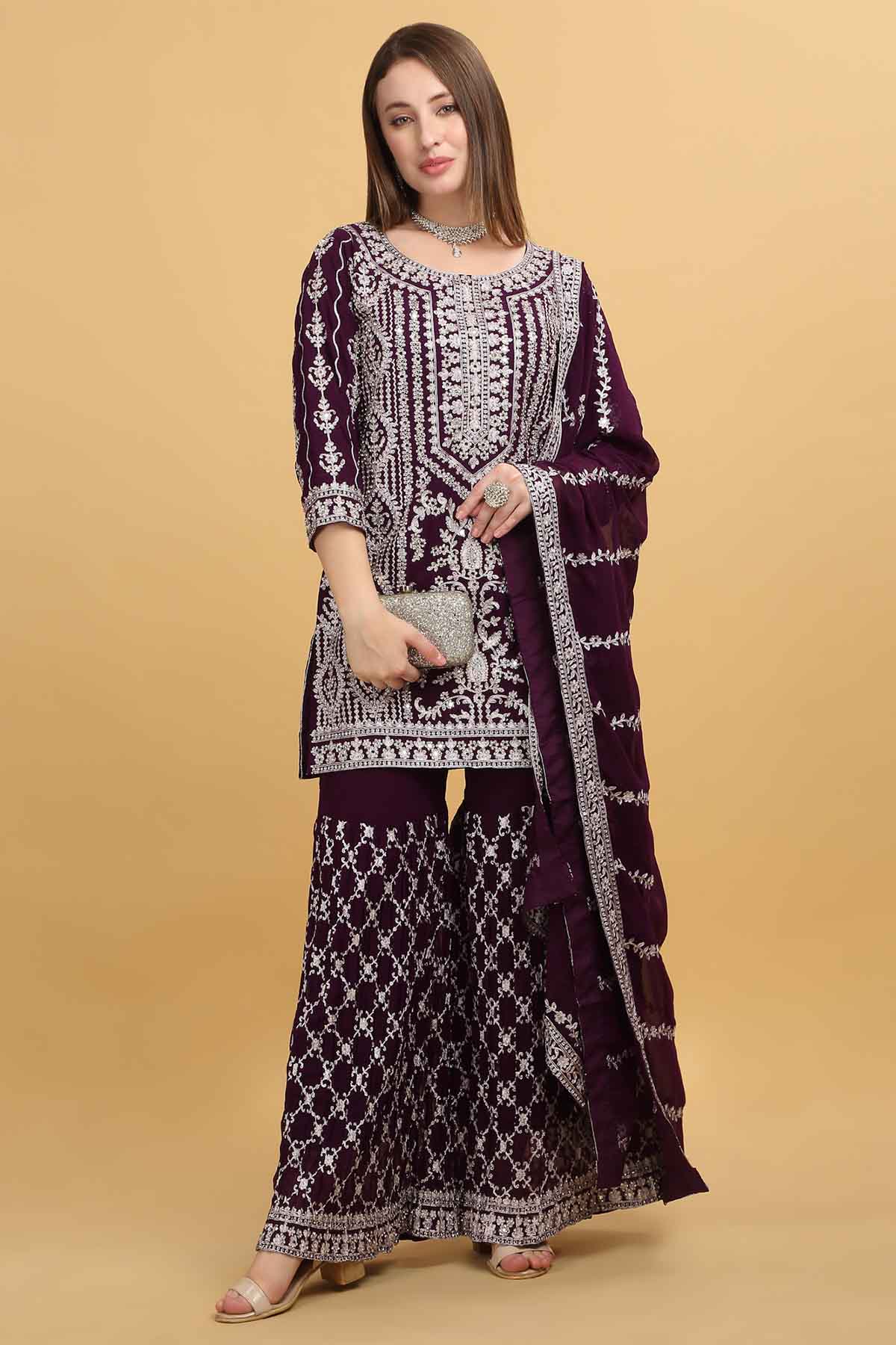 Buy Embroidered Purple Sharara Set by Aham Vayam for women online at ScrollnShops