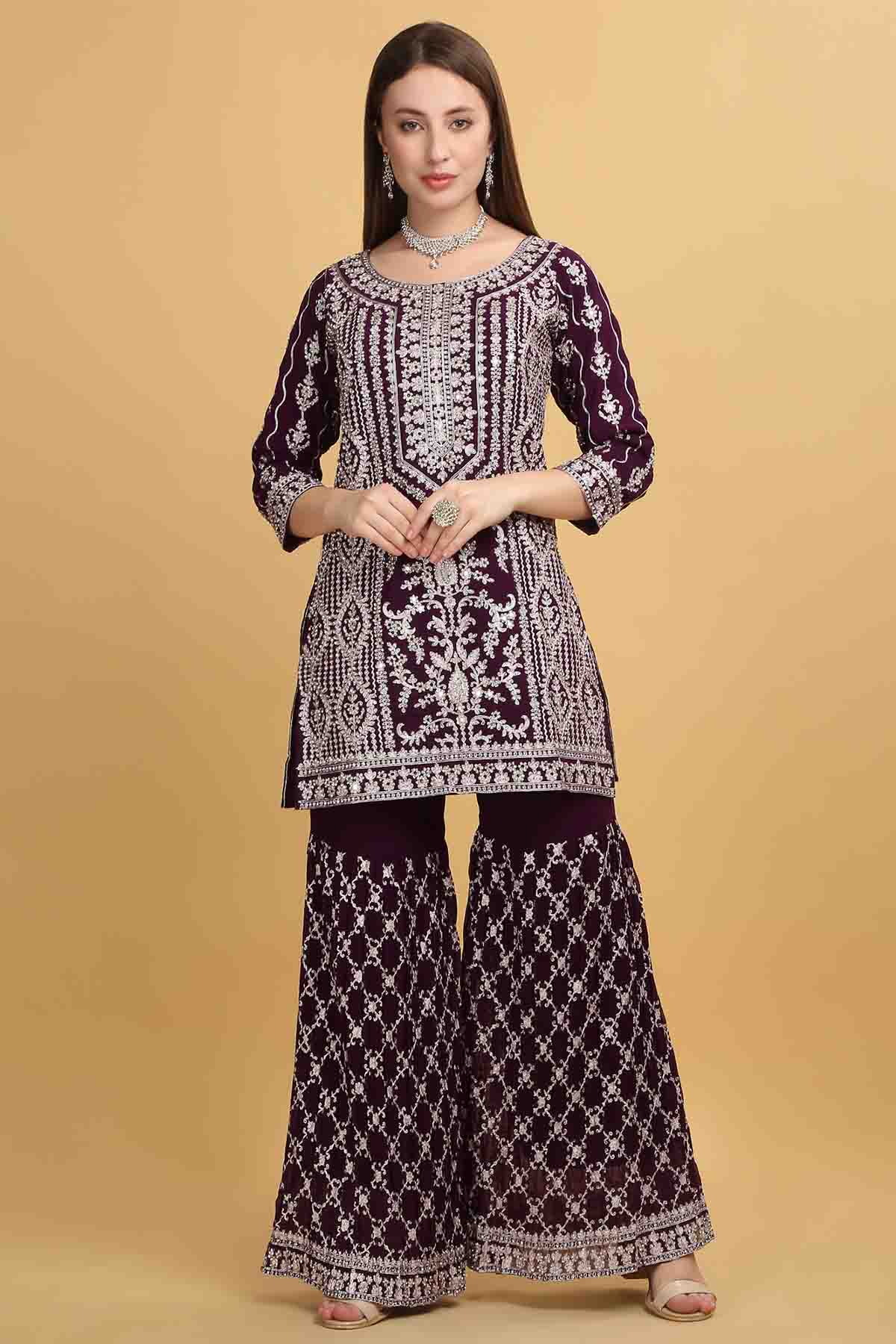 Embroidered Purple Sharara Set