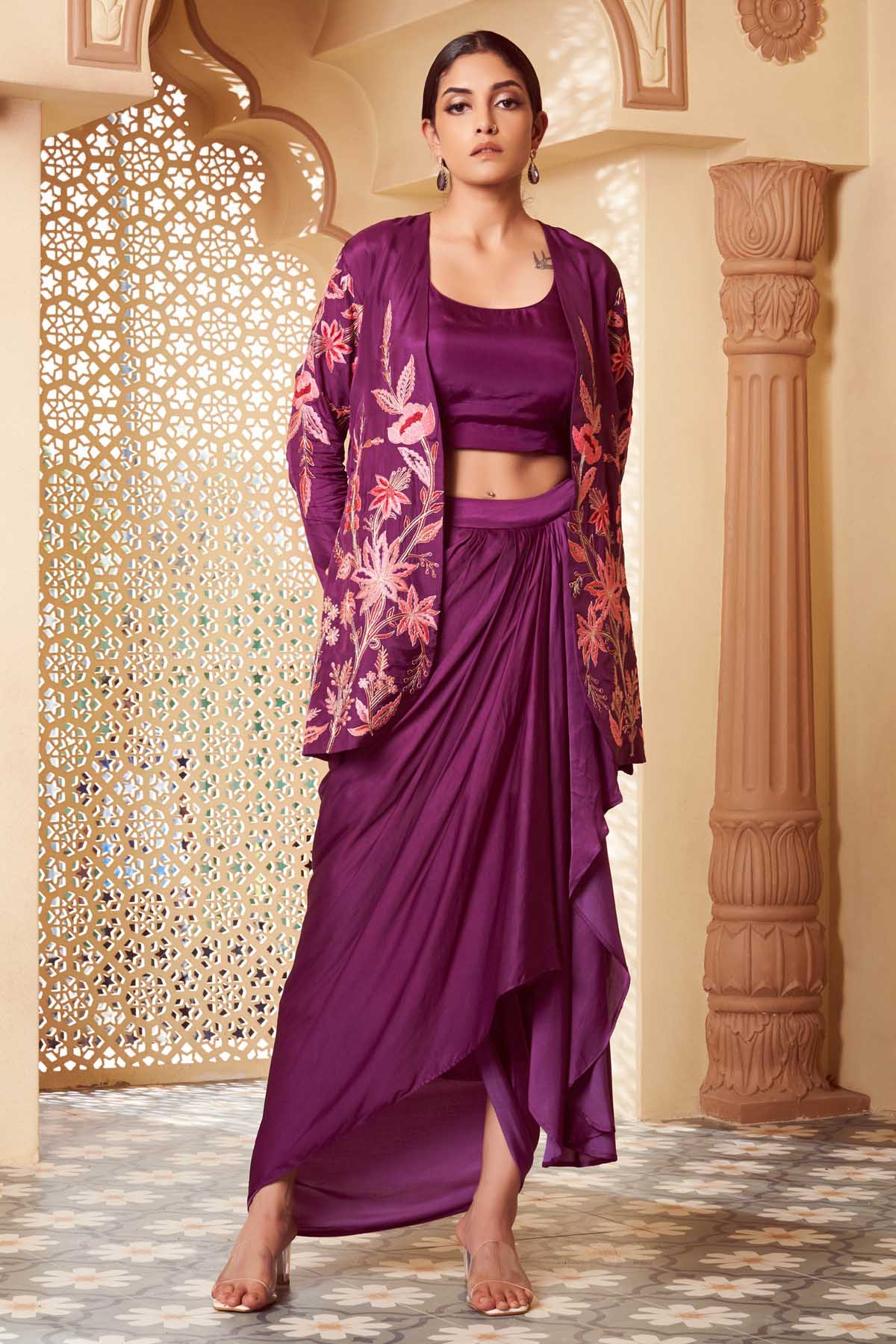 Megha Pitti Purple Embroidered Skirt Set for women online at ScrollnShops