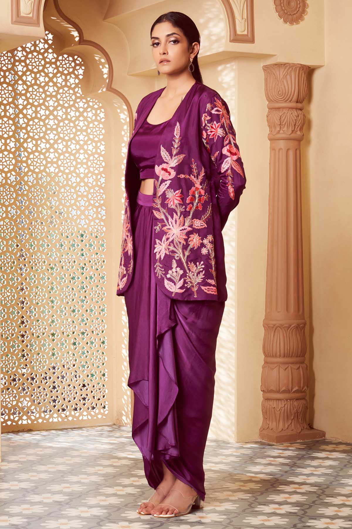 Purple Embroidered Skirt Set