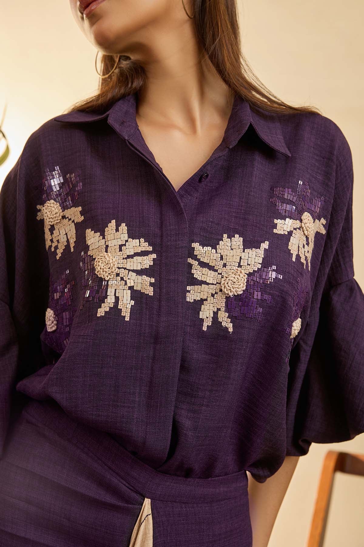 Purple Embroidered Top & Skirt