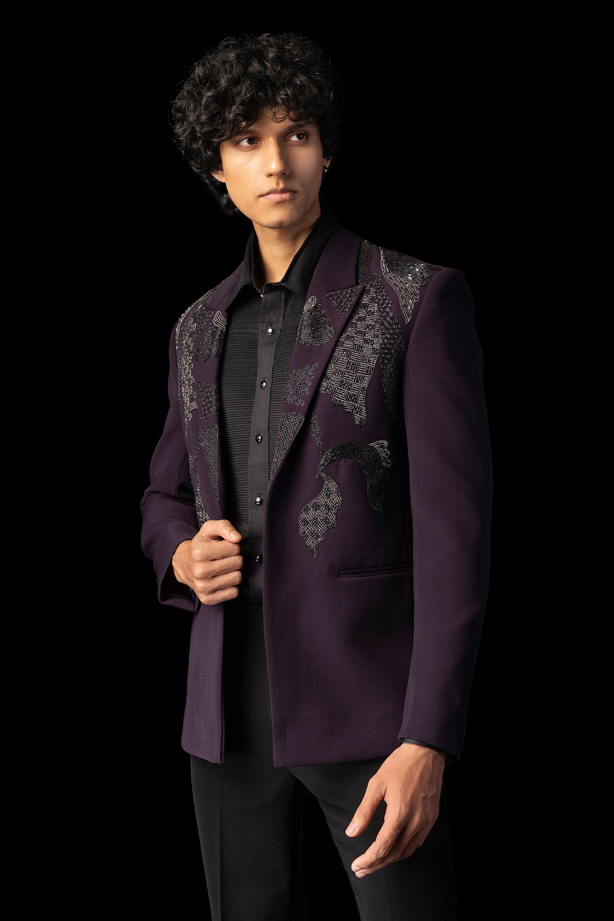 Purple Embroidery Open Tuxedo