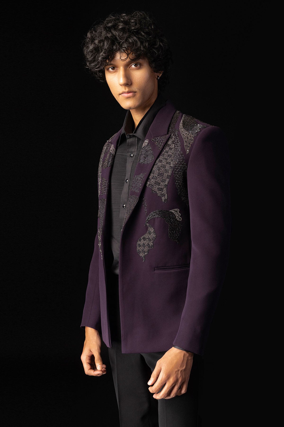 Purple Embroidery Open Tuxedo