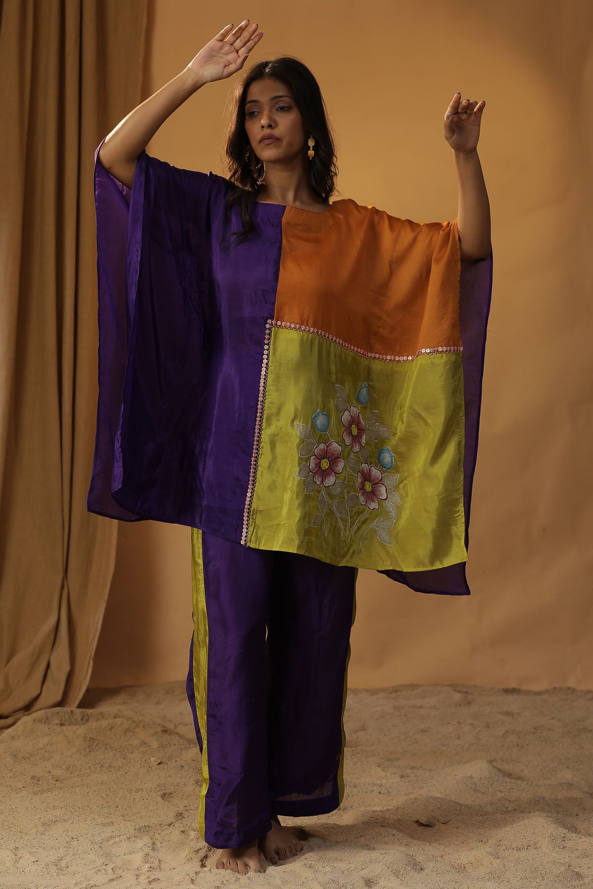 Purple Floral Print Kaftan Set