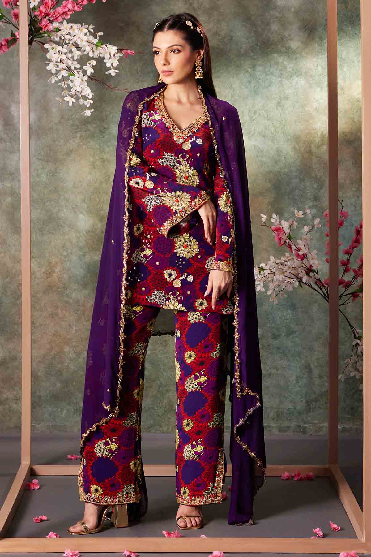 Purple Floral Print Kurta Set