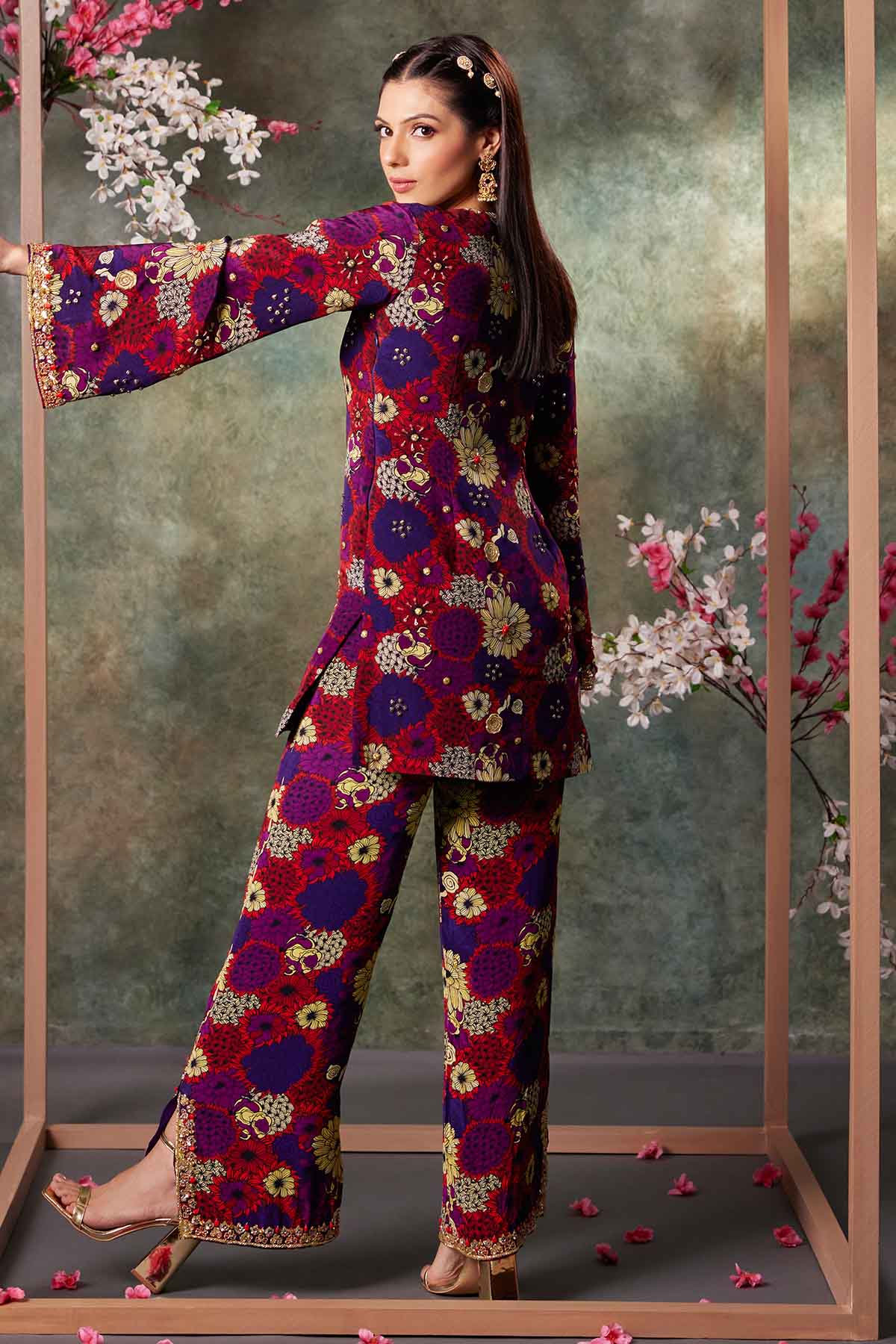 Purple Floral Print Kurta Set