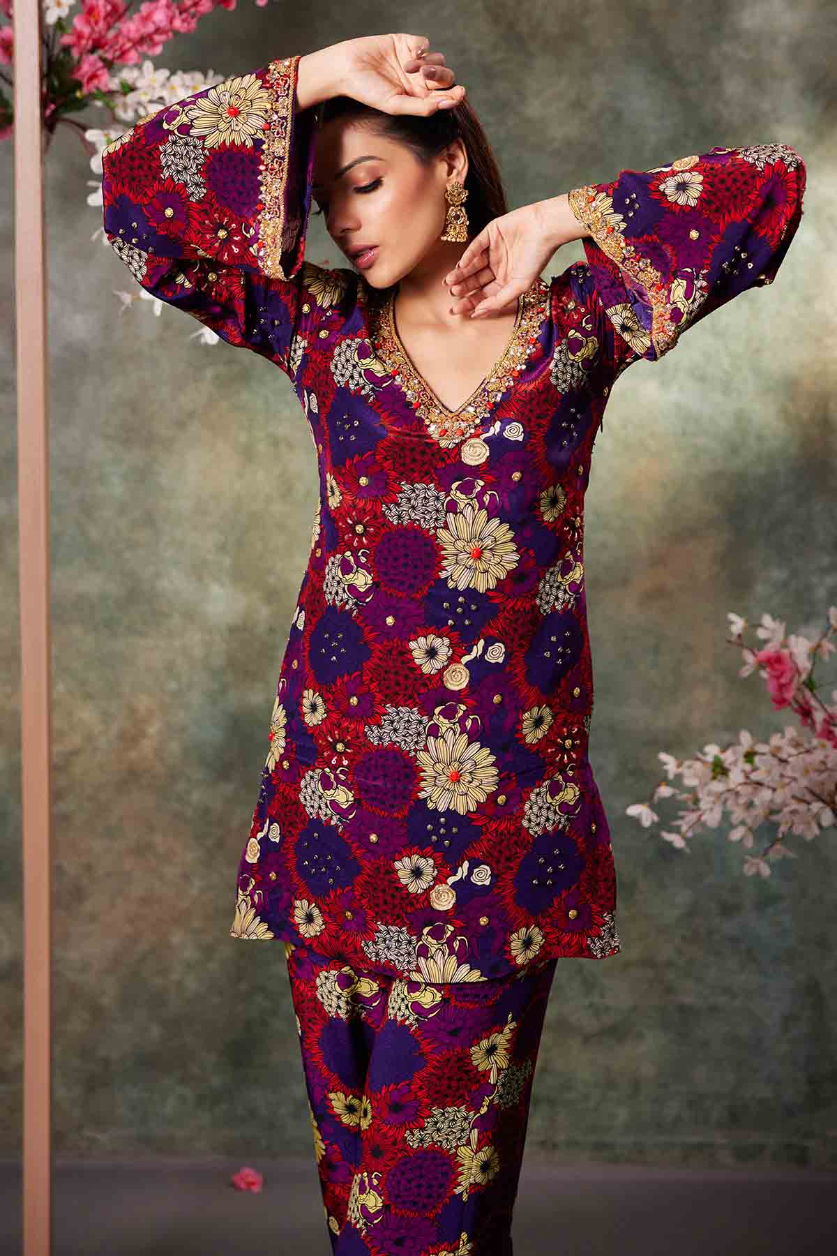 Purple Floral Print Kurta Set
