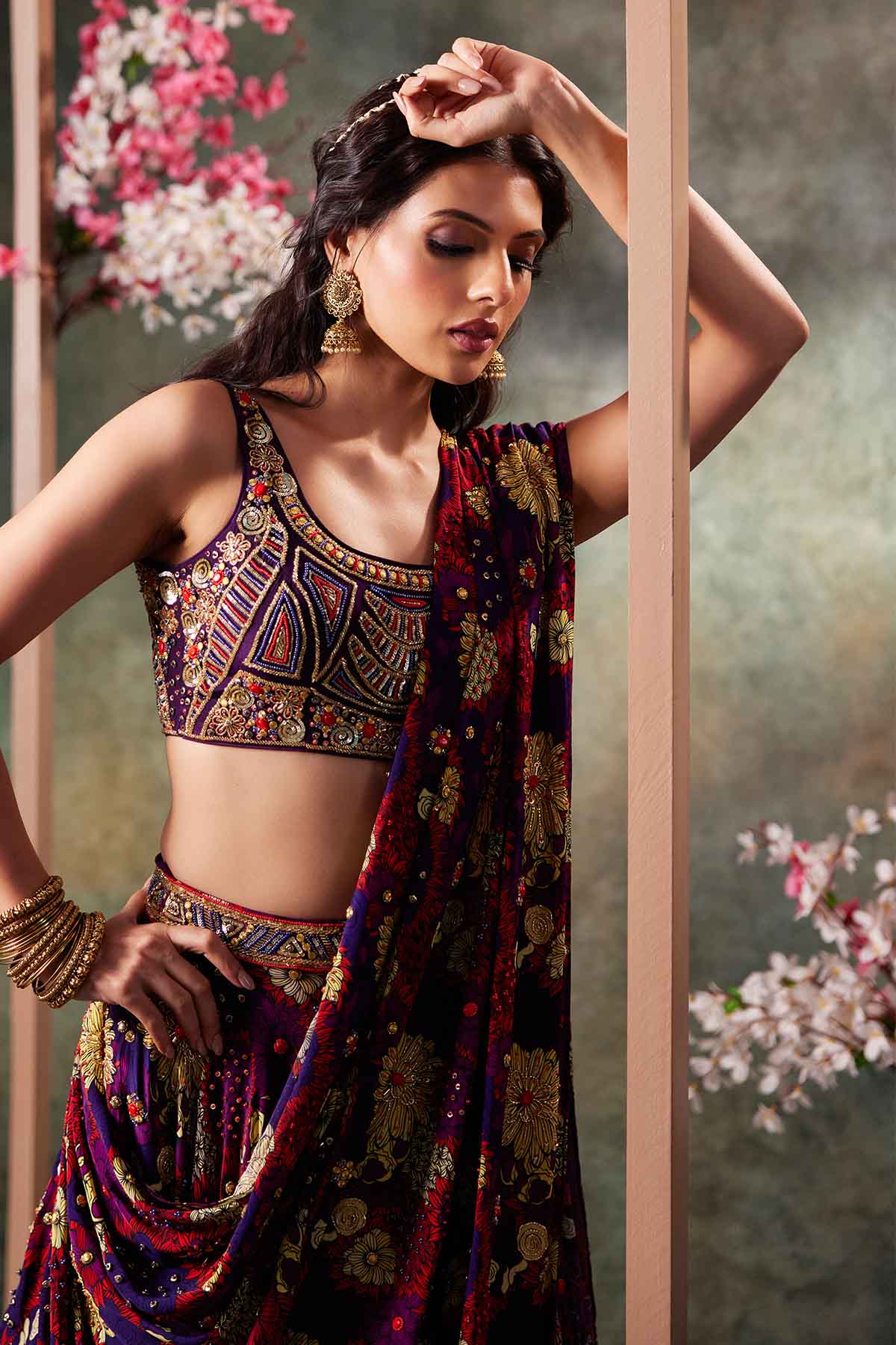 Purple Floral Print Lehenga Set