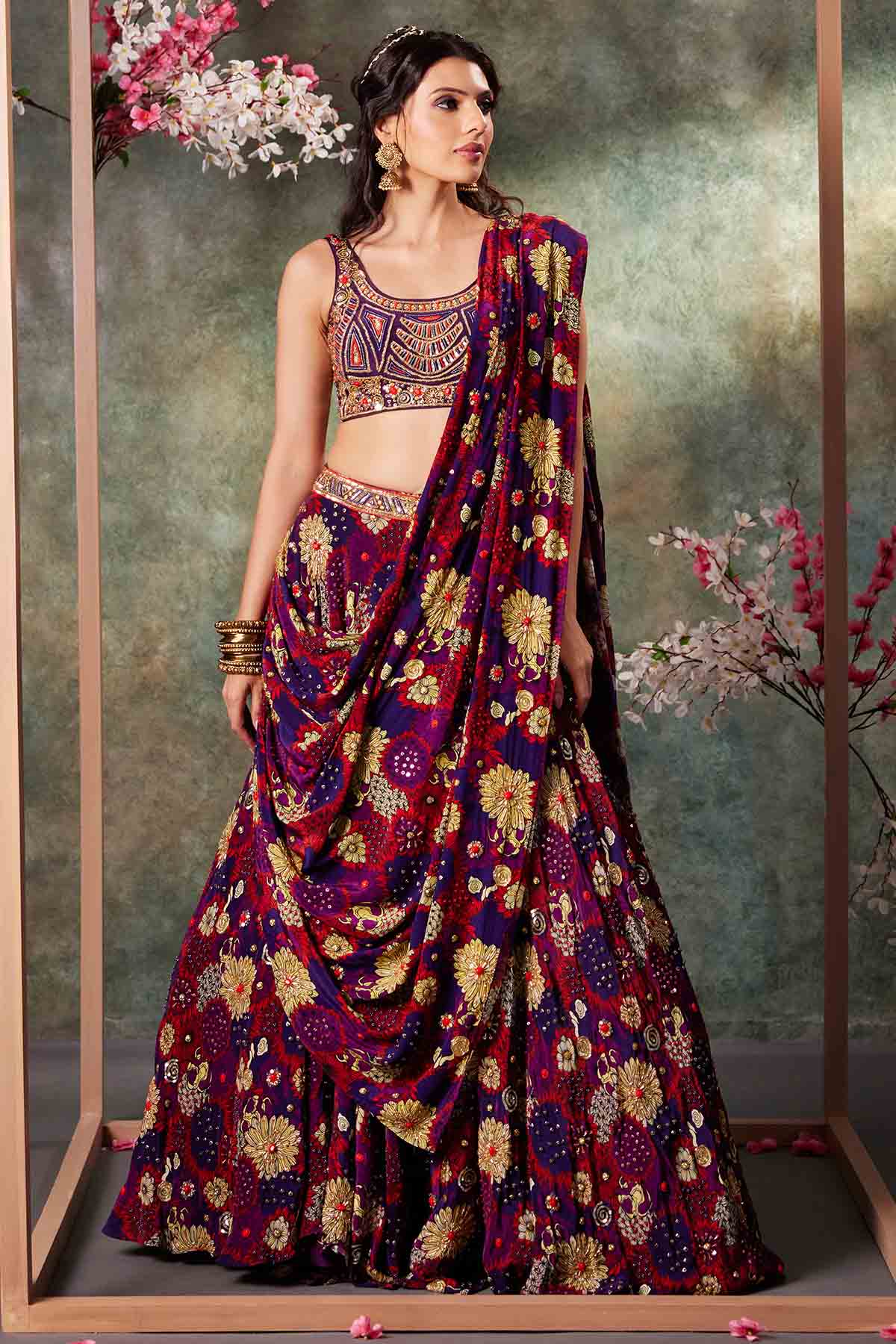 Buy Purple Floral Print Lehenga Set by Mehak Murpana for women online at ScrollnShops