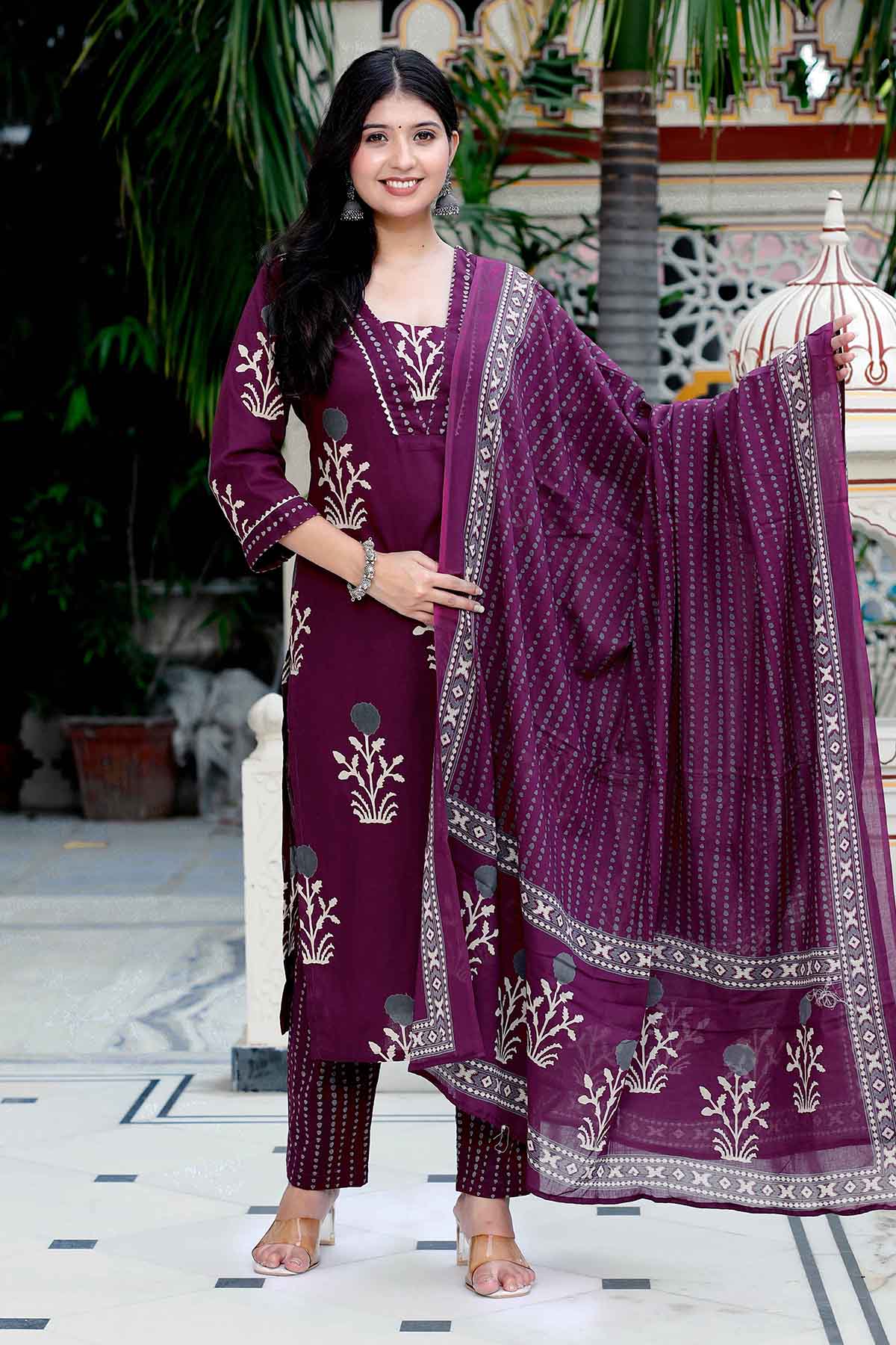 Buy Purple Floral Print Palazzo Set by Miravan for women online at ScrollnShops