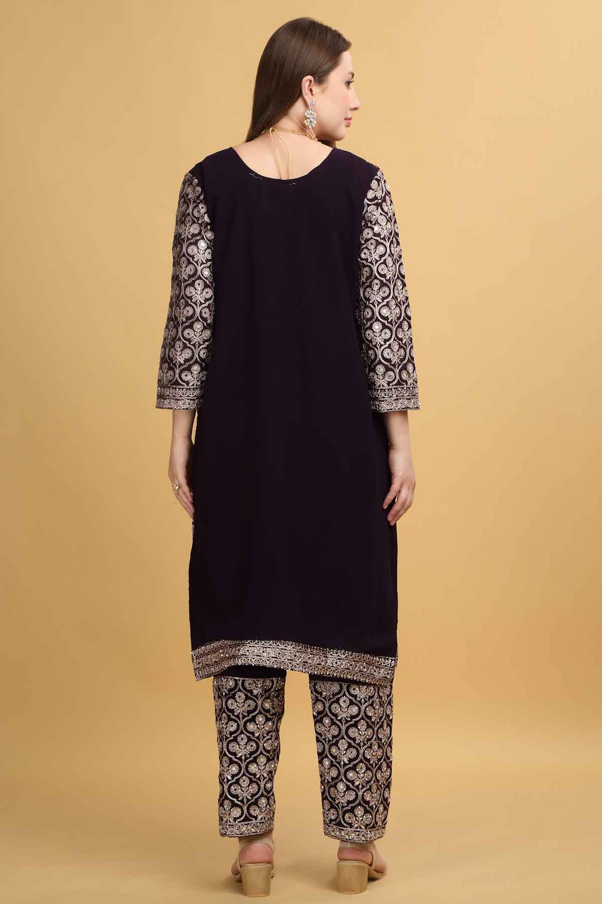 Purple Floral Thread Kurta Set