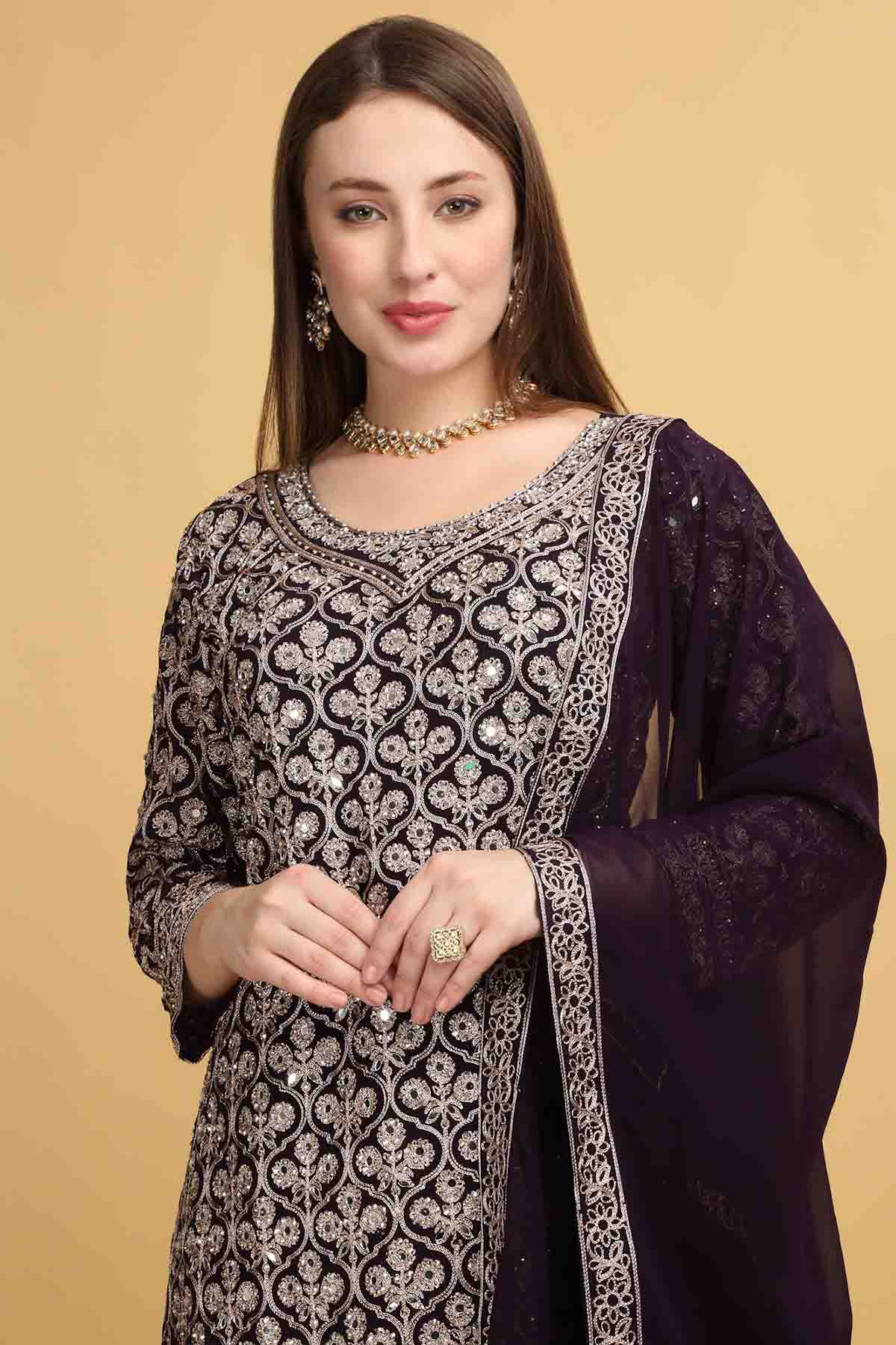 Purple Floral Thread Kurta Set