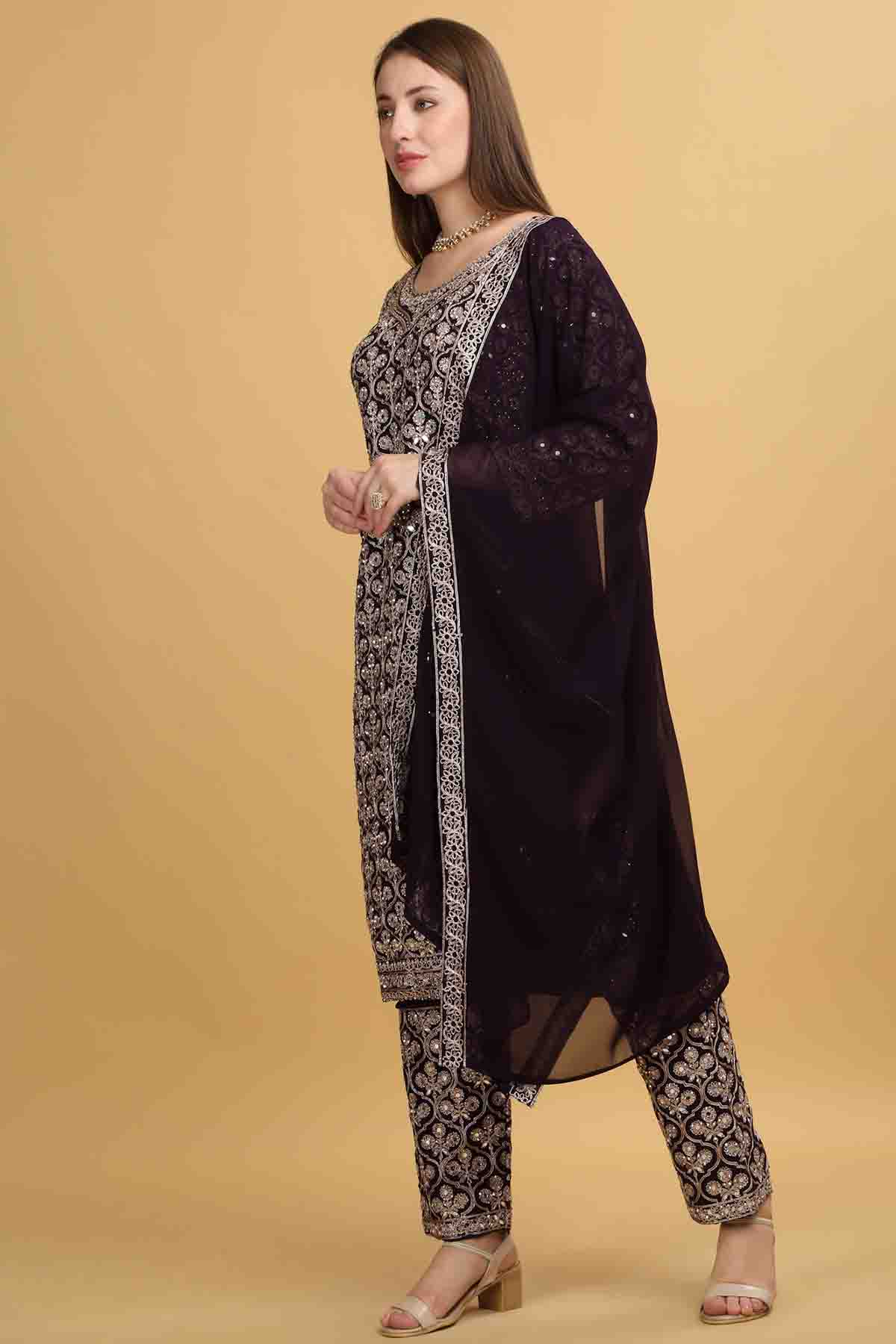 Purple Floral Thread Kurta Set