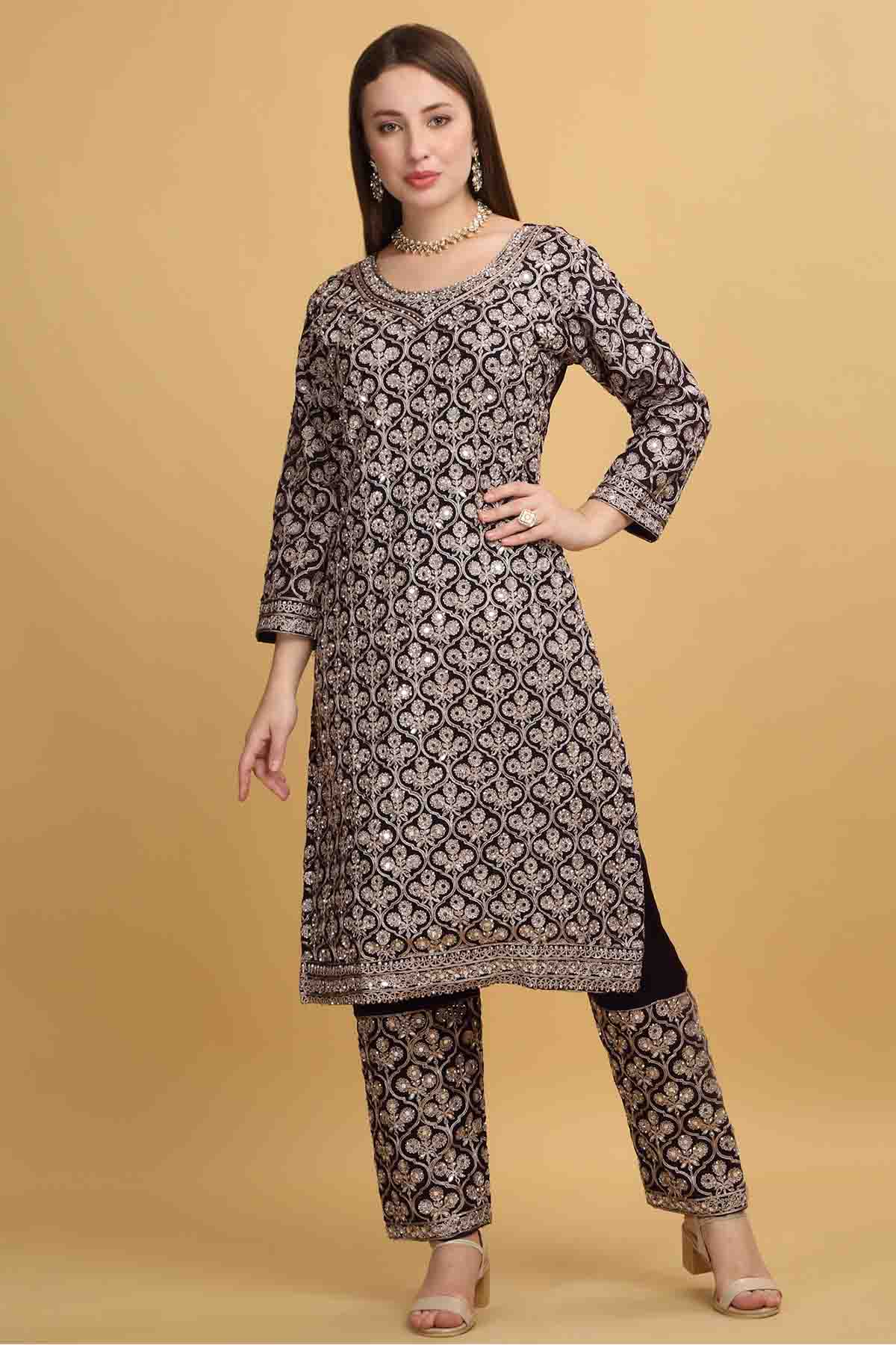 Purple Floral Thread Kurta Set