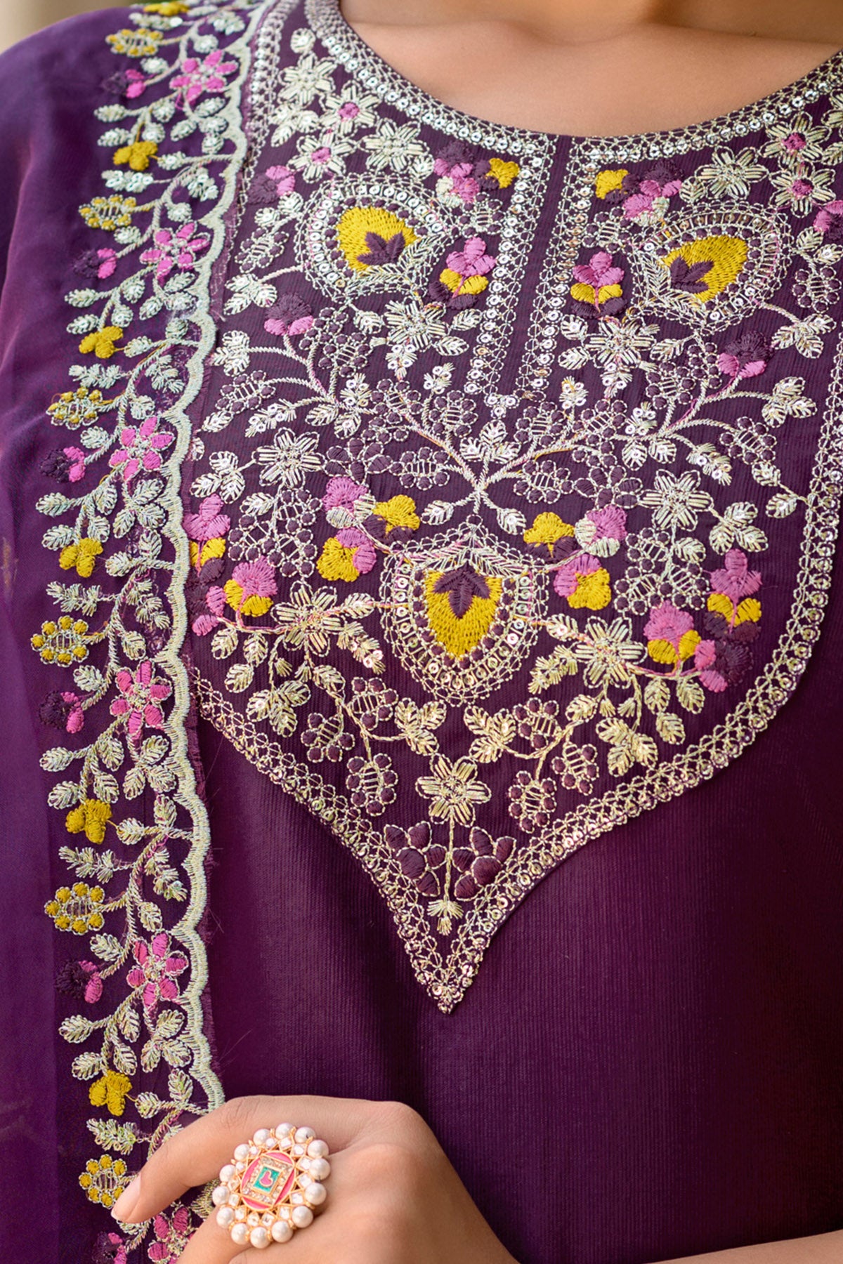 Purple Floral Yoke Kurta Set